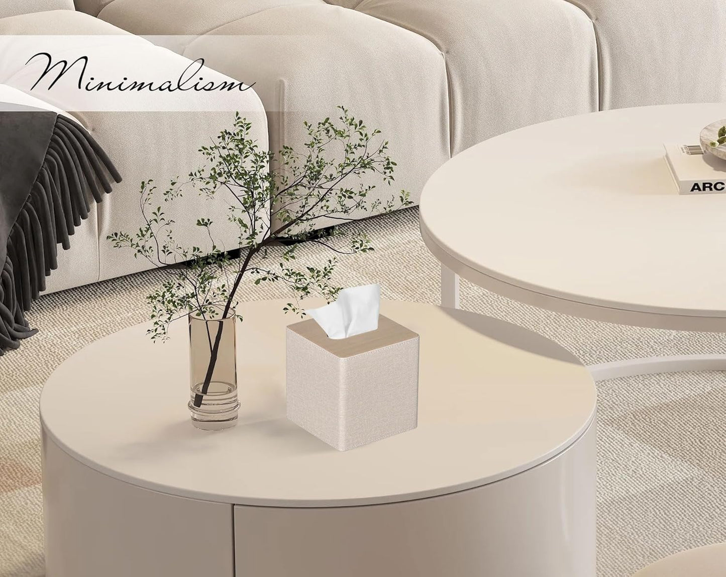 Tissue Box Cover Square PU Leather Facial Tissue Box Holder for Dresser Bathroom Decor (Beige)