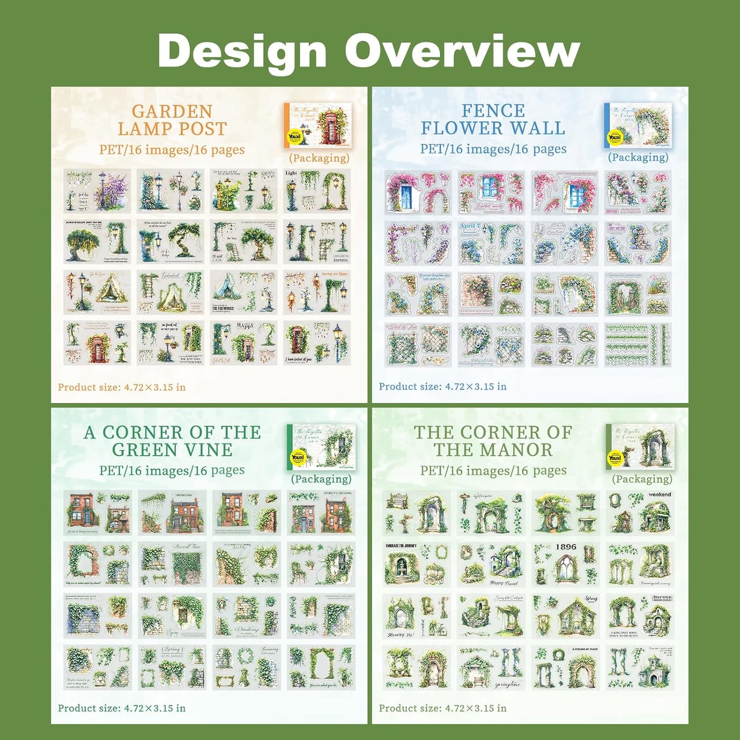Vintage Garden PET Sticker Book Set – 4 Books, 64 Pages of Pre-Cut Waterproof Floral Stickers for Journaling, Scrapbooking, DIY Crafts and Planner Supplies