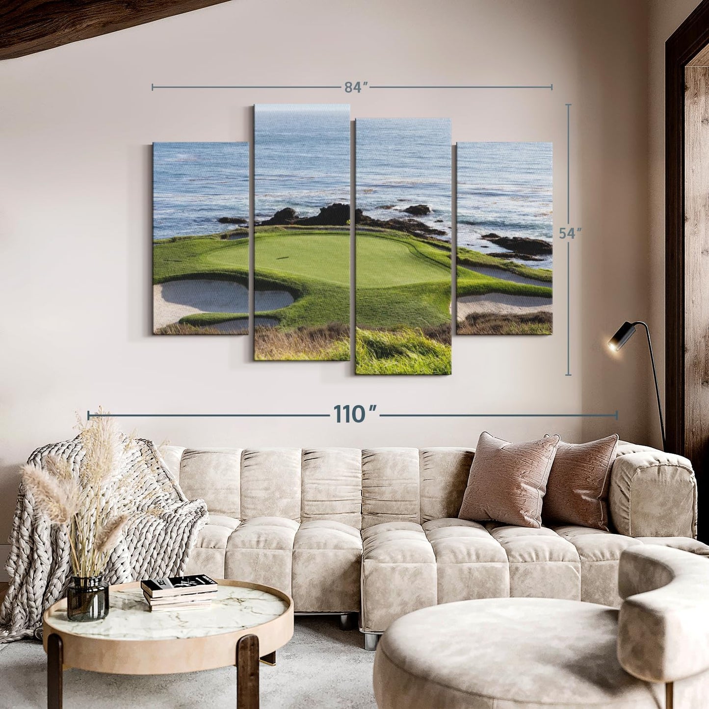 Elephant Stock Pebble Beach Golf Turf Wall Art - Horizontal Canvas - 4-Piece Hallway Wall Decor - Photographic Canvas Print - Brown and Blue Decor for Wall - 84" X 54"