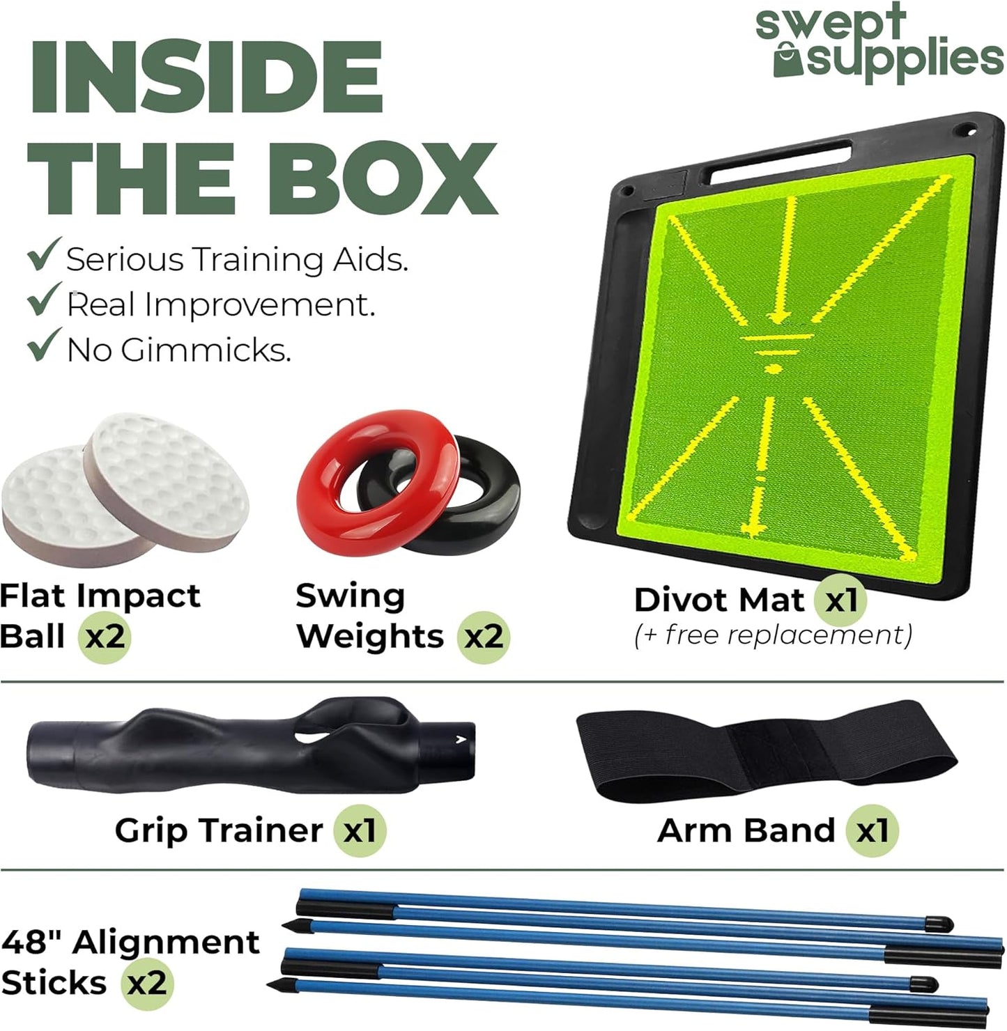 6-in-1 Golf Training Aid w/Divot Board, Golf Grip Trainer, Swing Trainer, Alignment Sticks | Golf Accessories for Men & Women | Hitting Mat Practice Indoor & Outdoor