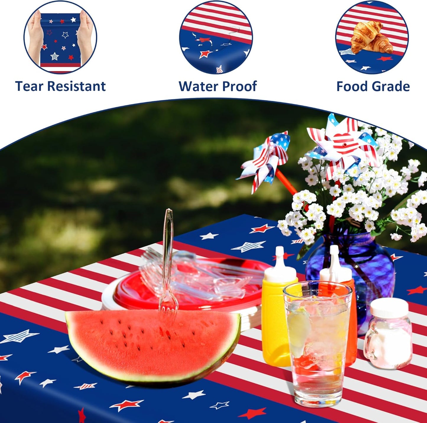 QZYL 2 Pack 4th of July Tablecloth, 54" x 108" American Plastic Table Cover, Disposable Red White Blue Tablecloths Fourth of July Table Cloth, Patriotic Party Supplies Independence Day Decorations