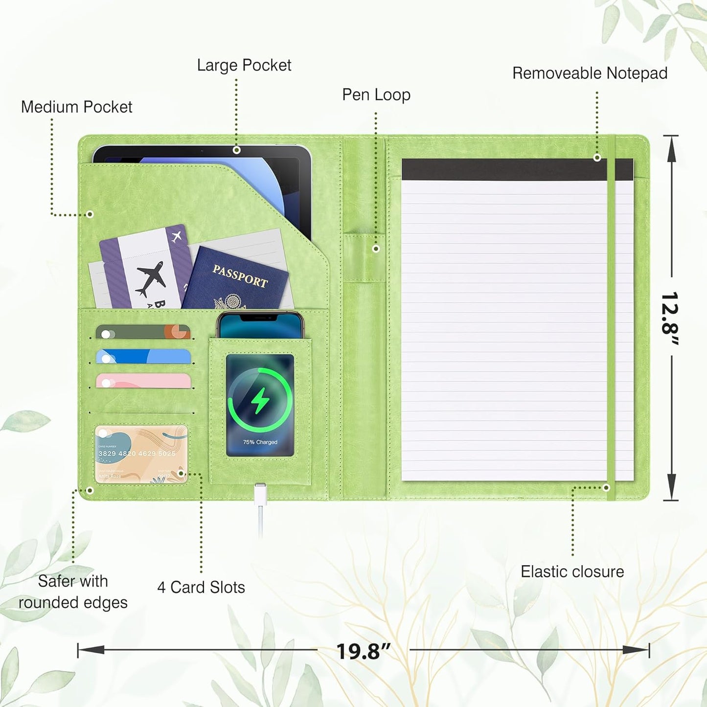Ospelelf Foldable Faux Leather Clipboard Folio with Notepad 8.5 x 11,Green Business Padfolio for Women Portfolio Organizer, Leaf