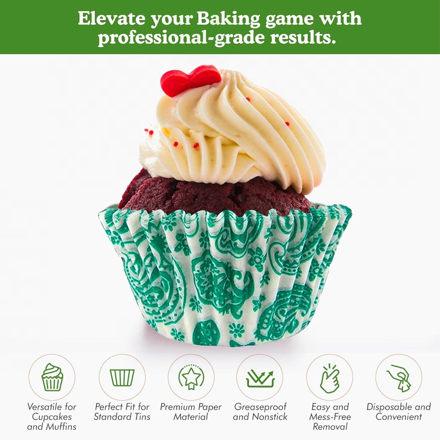 Regency Wraps Greaseproof Professional Grade Baking Cups, Pack of 40, Standard Liners, Green/White Paisley, for Cupcakes, Muffins, Candy, Non Stick