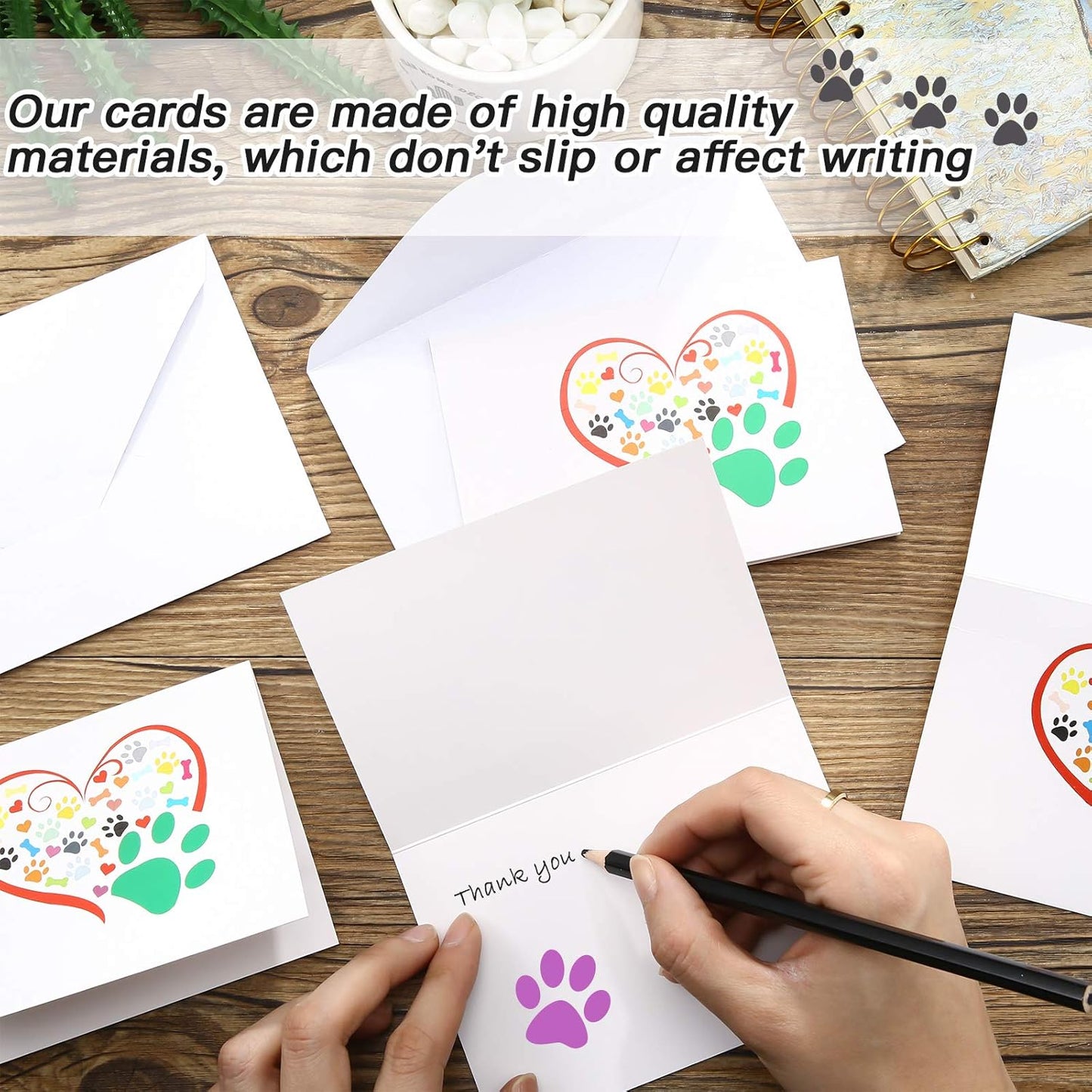 Zonon 48 Pcs Paw Printed Note Cards Set 24 Thank You Note Cards Heart Paw Print Blank Greeting with 24 White Envelopes Animal Lovers Pet Shop Birthday Party(Colorful)