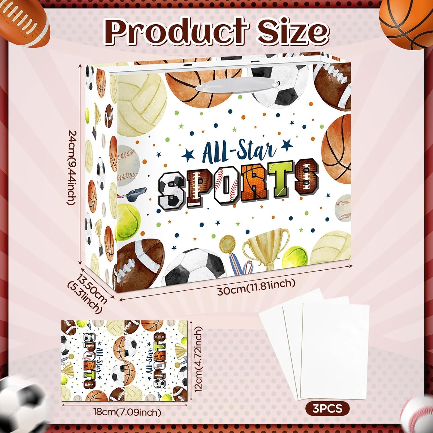 Sports Party Gift Bag, Sports Ball Gift Wrap Bag with Tissue Paper Card Decorations for Kids Men Soccer Tennis Football Baseball Team Birthday Party Favor Goodie Gifts Treat Wrapping Bag Supplies