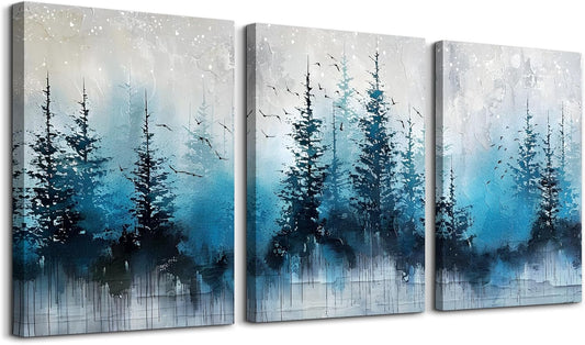 TTHYUEWS Large Canvas Wall Decor for Living Room - Boho Art for Bedroom Forest Landscape Abstract Pictures - Tree Blue Painting Artwork Office Aesthetic Decoration - Hang Easy 3 Piece