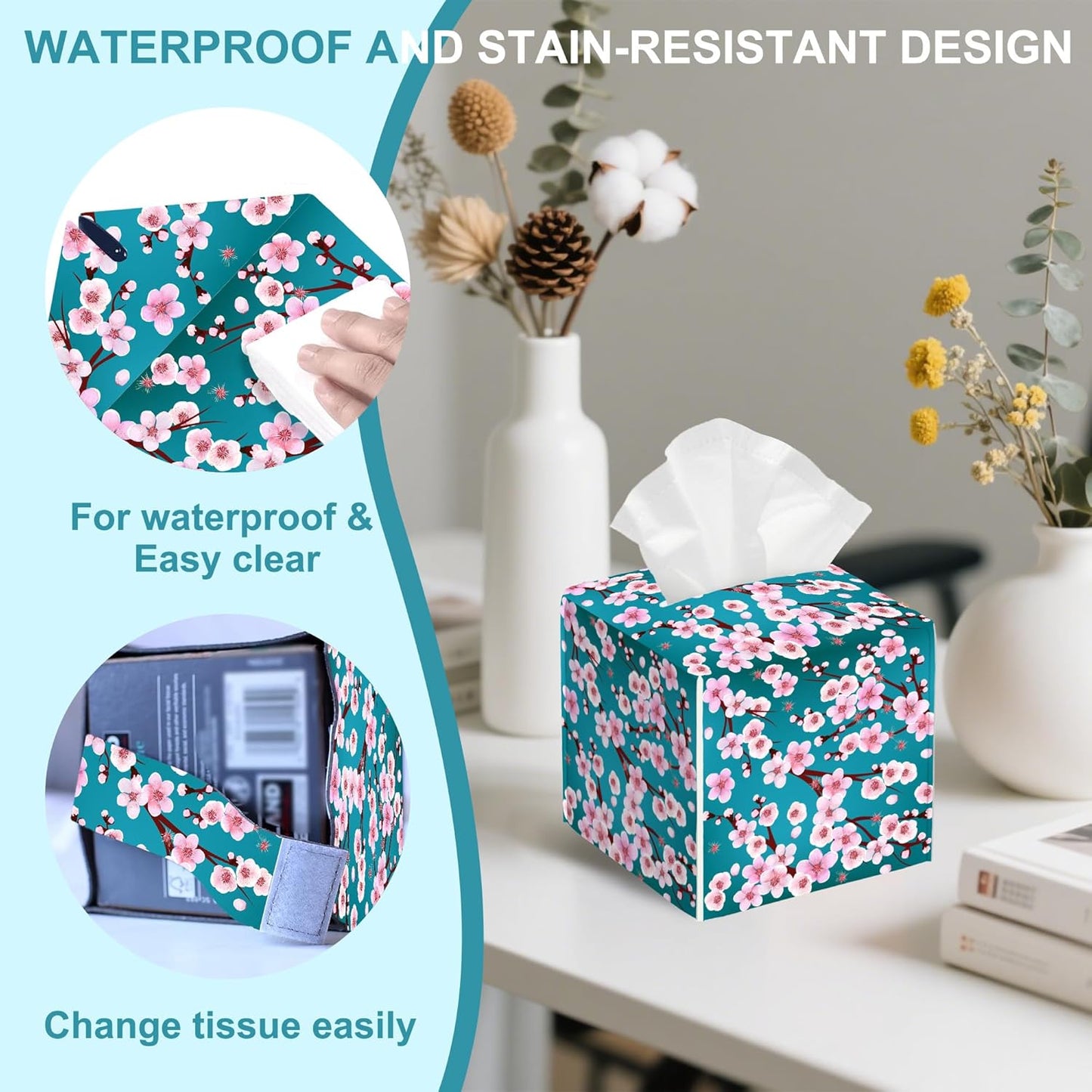 Pink Cherry Flowers Tissue Box Cover Square,Plum Leather Tissue Holder with Bottom Belt,Waterproof Leather Facial Paper Organizer Tissue Box Cover for Home Office Vanity Countertop,5.2" x 5.2" x 5.2"