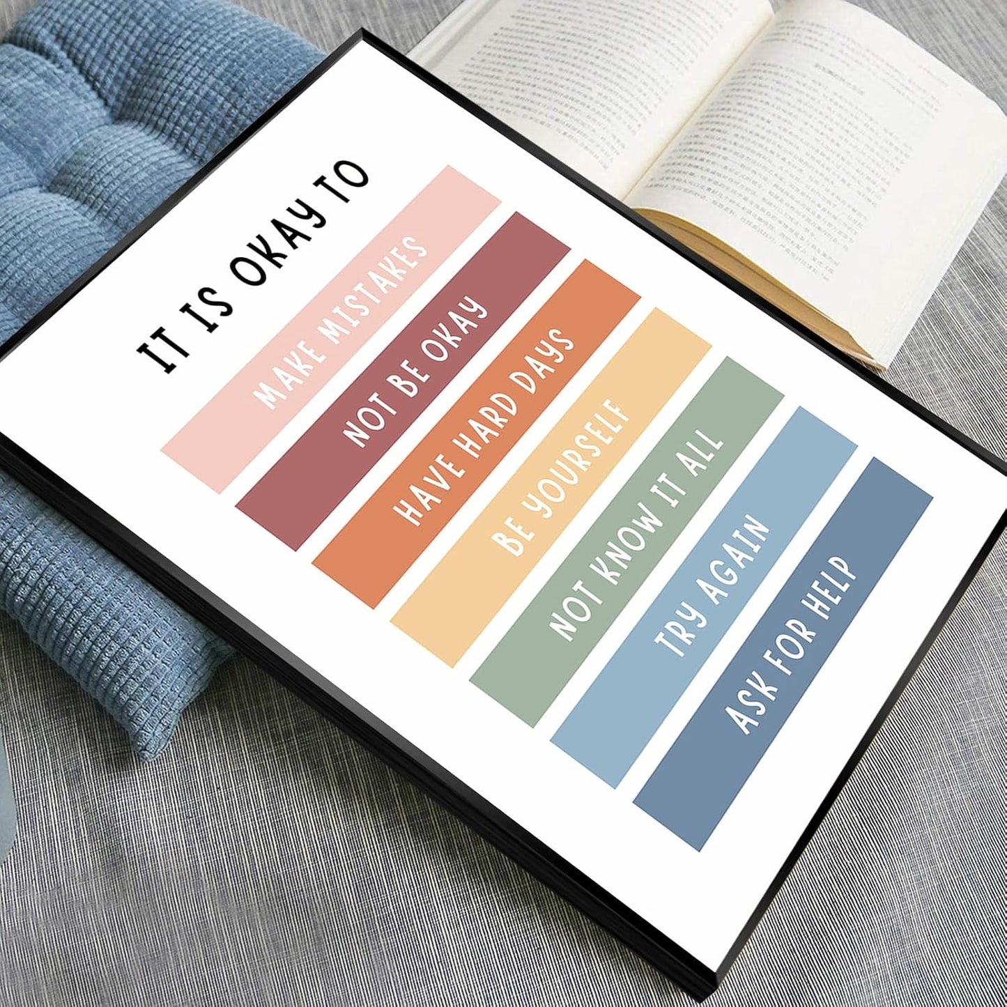 uoyien Growth Mindset Mental Health Posters Boho Classroom Playroom Therapy Wall Decor Affirmations Quotes Canvas Wall Art Kids Educational Prints For Calming Corner Decoration 12x16in Metal Framed