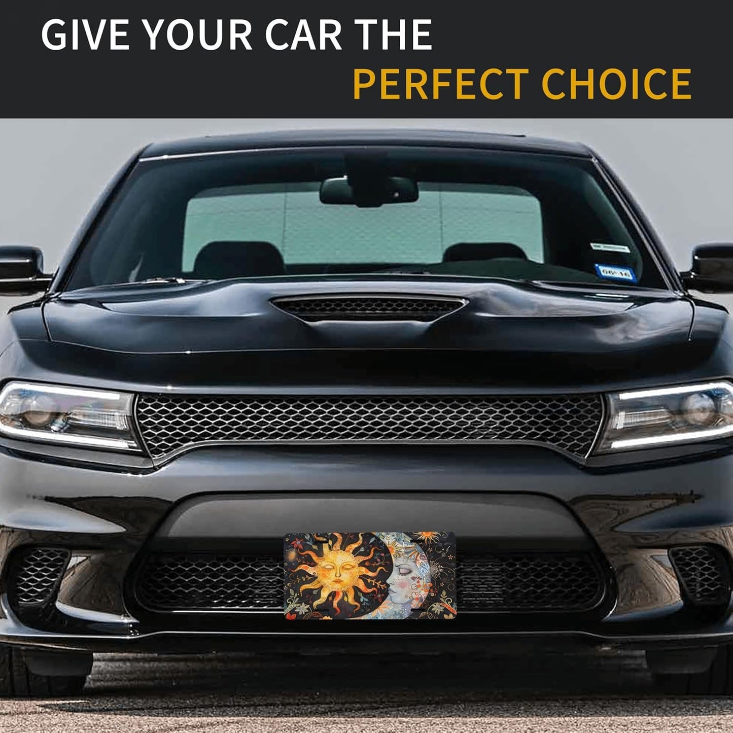 Front License Plate for Car Designs Abstract Sun Moon Flower Stainless License Plate Cover Holder for Men Women Metal Aluminum Decorative Accessory Vanity Tag Standard 6 X 12 Inch (4 Holes)