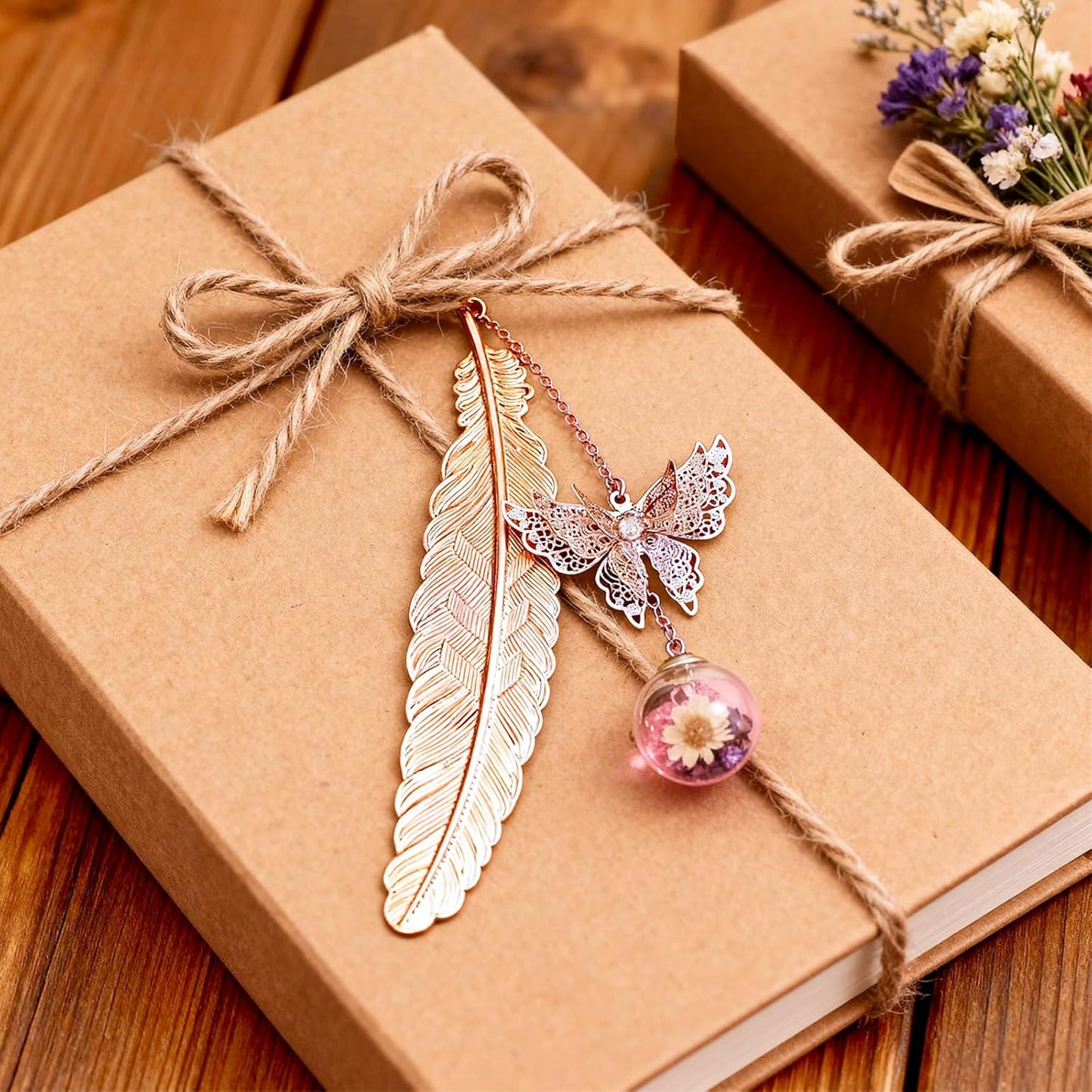 Metal Feather Bookmark with Butterfly Charm – Christmas Gifts for Women, Teachers & Book Lovers – Stocking Stuffers, Secret Santa, Birthday & Holiday Gift Box