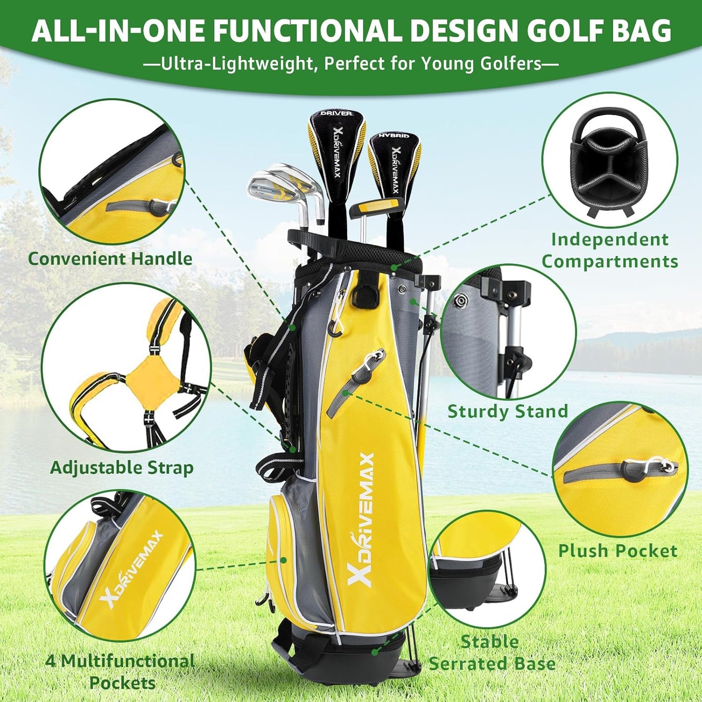 5/6 Pieces Kids Golf Club Set, Junior Golf Club Set Ages 4-12 Includes Stand Bag, 1# Drive, 5# Hybrid, 6/7#, 9/P# Irons and Putter Right Hand for Boys Girls