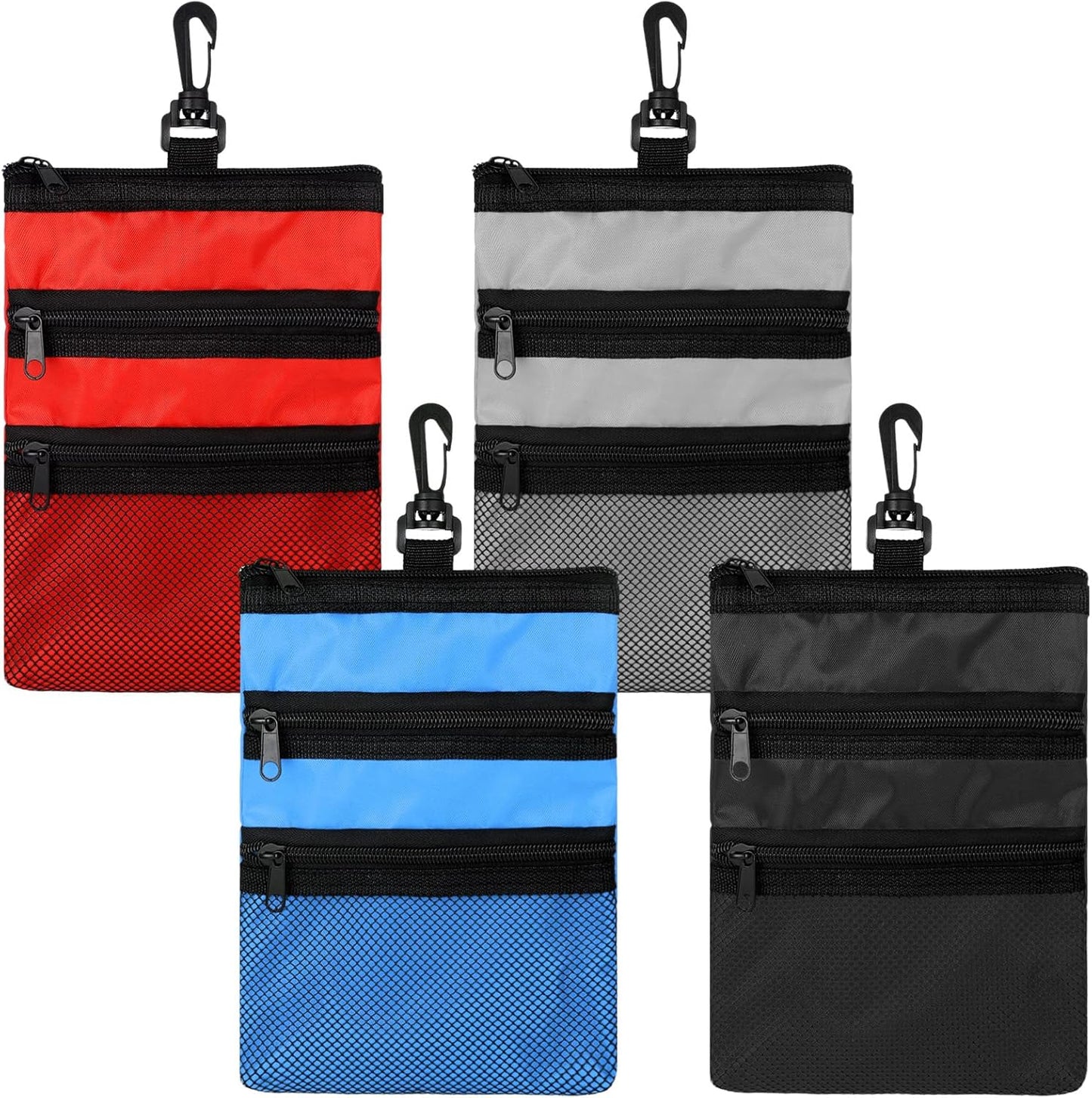 4 Pcs Golf Tee Holder 3 Zippered Golf Pouch Bag for Valuables Portable Ball Accessory Pouch for Men with Clip to Bag for More Storage, Easy Access, Black, Red, Blue, Gray