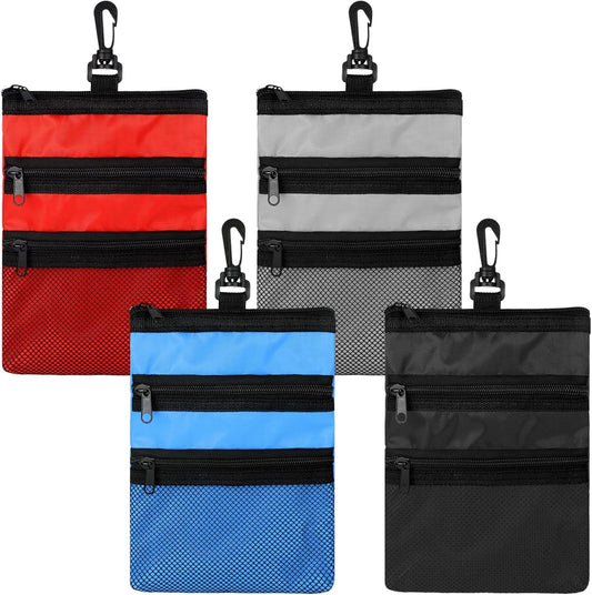 4 Pcs Golf Tee Holder 3 Zippered Golf Pouch Bag for Valuables Portable Ball Accessory Pouch for Men with Clip to Bag for More Storage, Easy Access, Black, Red, Blue, Gray