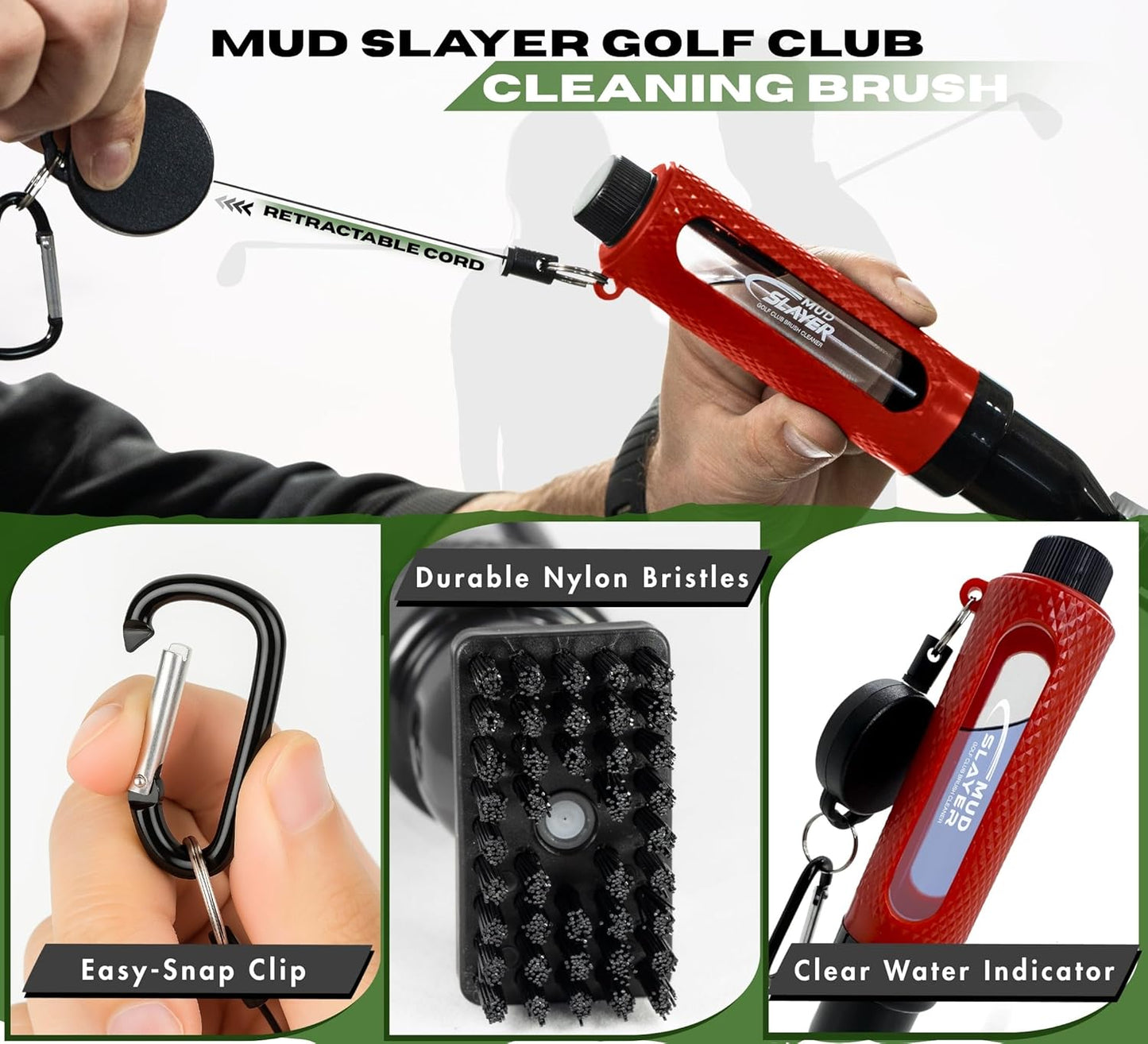 Mud Slayer Golf Club Cleaning Brush with Fine Mist Spray, Leak-Proof Viewing Window & Retractable Clip – Dual Bristle Head, Ergonomic Handle – Must-Have Golf Accessories for Men & Women