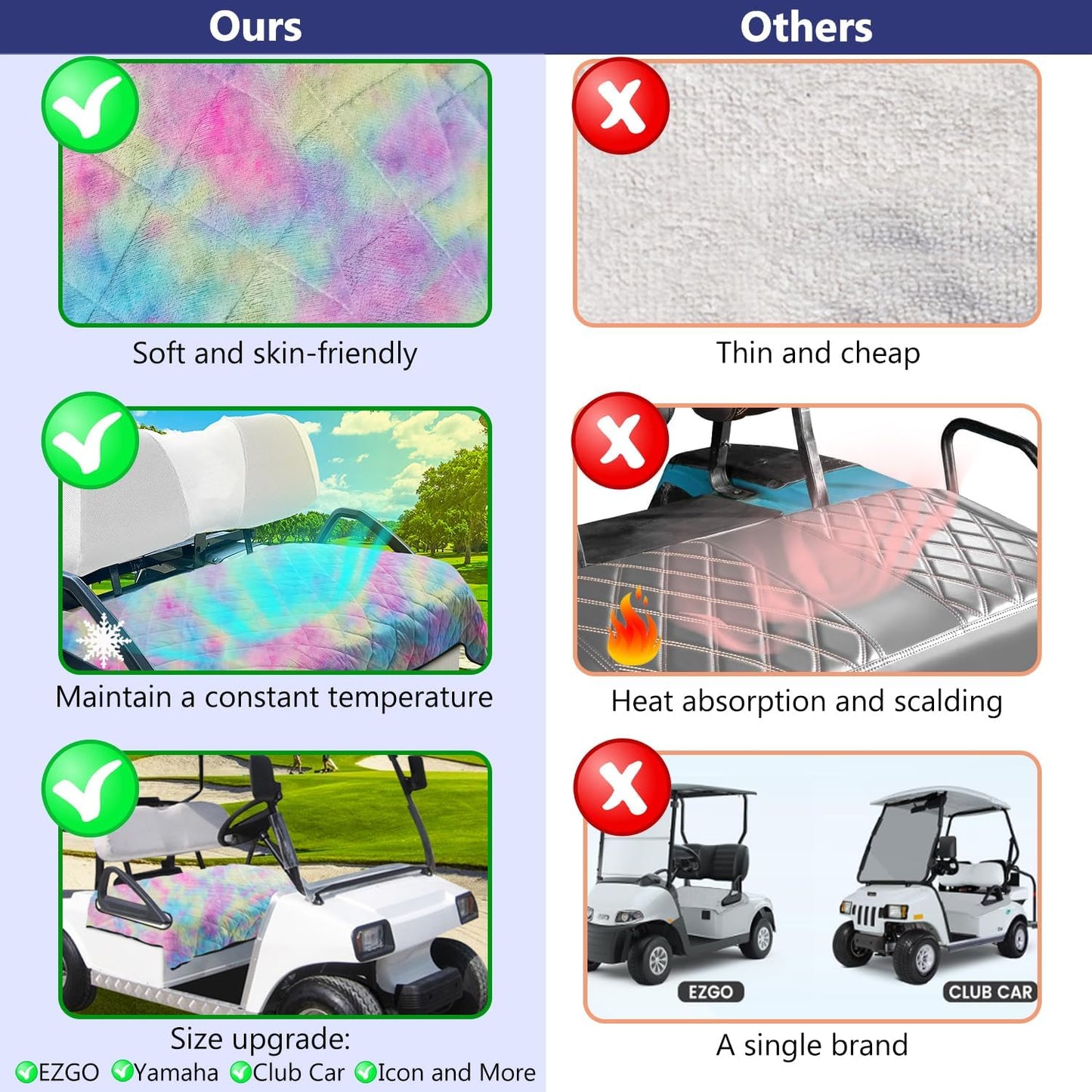 YOKYHOM Golf Cart Seat Covers, Golf Cart Seat Blanket, Bright and Unique Colors, Soft and Comfortable, Suitable for EZGO, Yamaha, Club Car and Other Two-Seat Golf Carts, 51" x 30", Red Yellow Blue