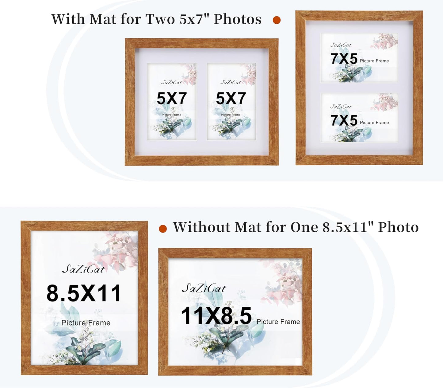 8.5x11 Pine Wood Collage Picture Frame Double 5x7 Picture Frame with Tempered Glass Fits 1Pc Certificate or 2Pcs 5x7 Photos With Mat For Tabletop or Gallery Wall Mounted-Teak Brown