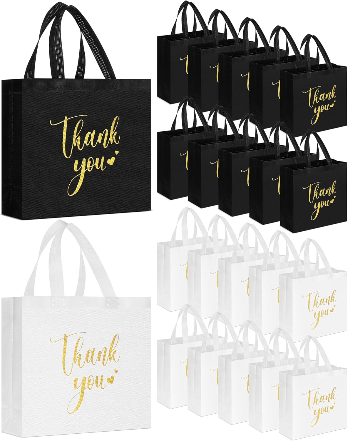 Sweetude 30 Pcs Thank You Gift Bags with Handles Bulk Reusable Goodie Bag Non Woven Foldable Handbag for Graduation Wedding Bridesmaid Gifts(11 x 12 x 5 Inch,Black, White)
