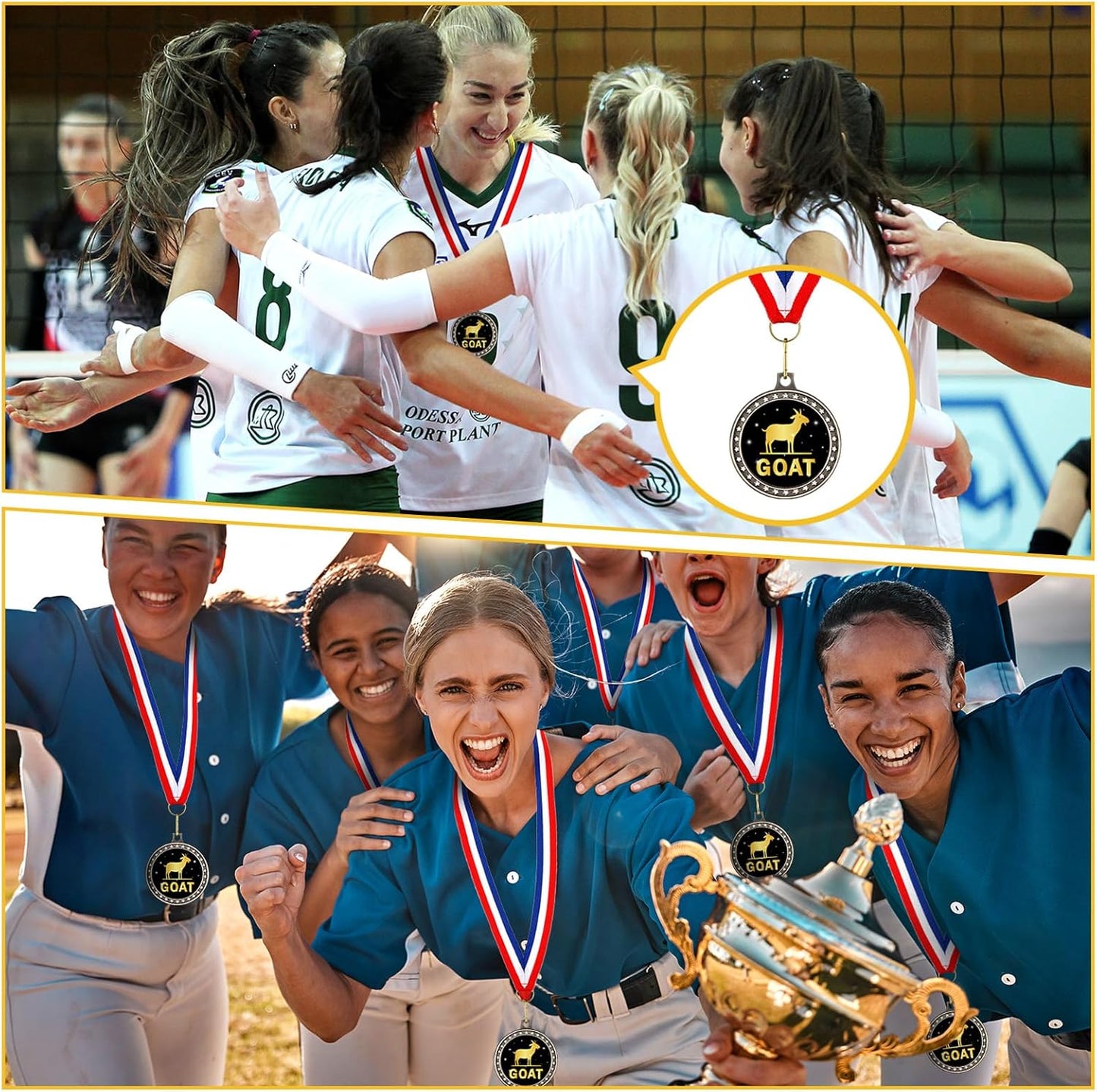 16 Pcs Goat Medal 2'' Greatest of All Time Champ Goat Trophy with Neck Ribbon Award Medals Pendant Funny Recognition Football MVP Necklace Fantasy Sports Award for Tournament League Champion