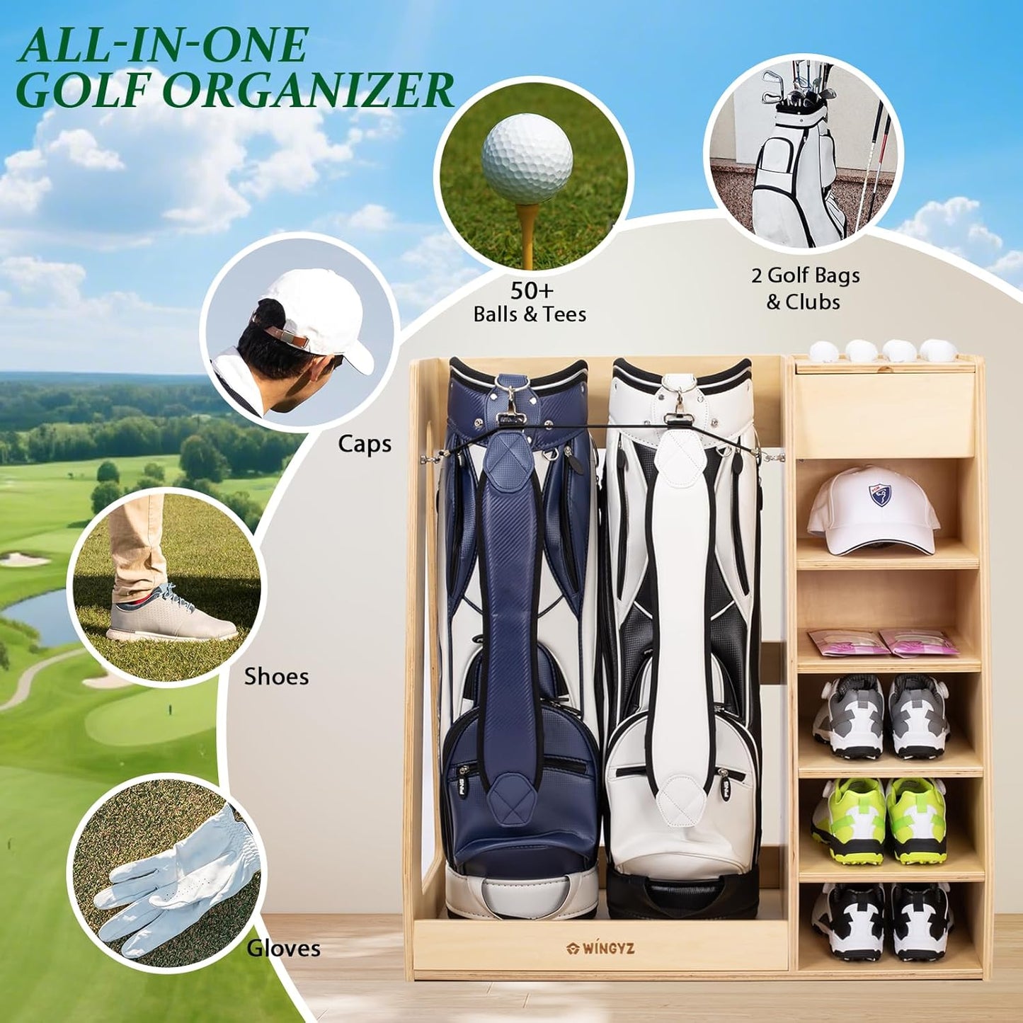 wingyz Wooden Golf Storage Organizer for Garage Fits 2 Bags for Any Level Golfer Great Gift, Golf Bag Rack Club Holder with 12-Ball Display Rack and 5 Shelves for Equipment Accessories