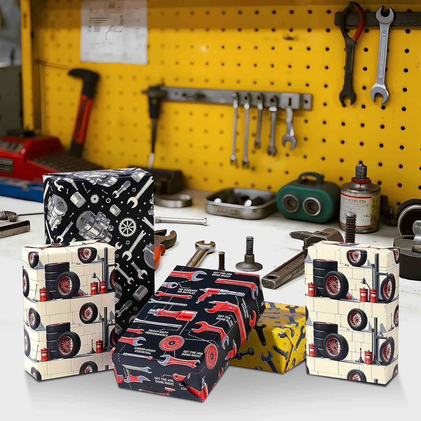 Pineraap Tools Wrapping Paper 12 Sheets Mechanic-Themed Designs Gift Wrap for Car Enthusiasts,Mechanics,DIYers,20"×28"