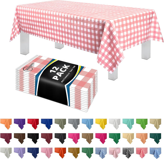Grandipity 12 Pack Premium Disposable Plastic Tablecloth 54 Inch. x 108 Inch. Decorative Rectangle Table Cover - Pink Checkered Gingham