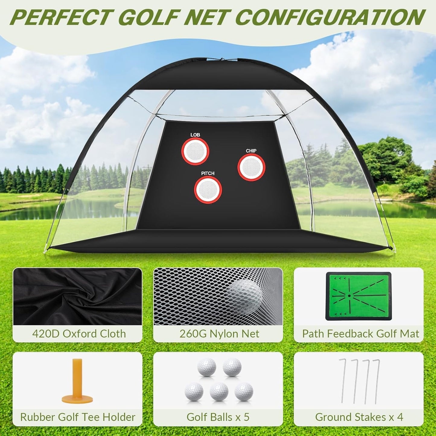 10 x 7ft Golf Net for Backyard Driving Hitting Practice with Swing Path Feedback Mat,Targets & Balls, Indoor & Outdoor Chipping Training Net with Mat, Ideal Gifts for Golfer