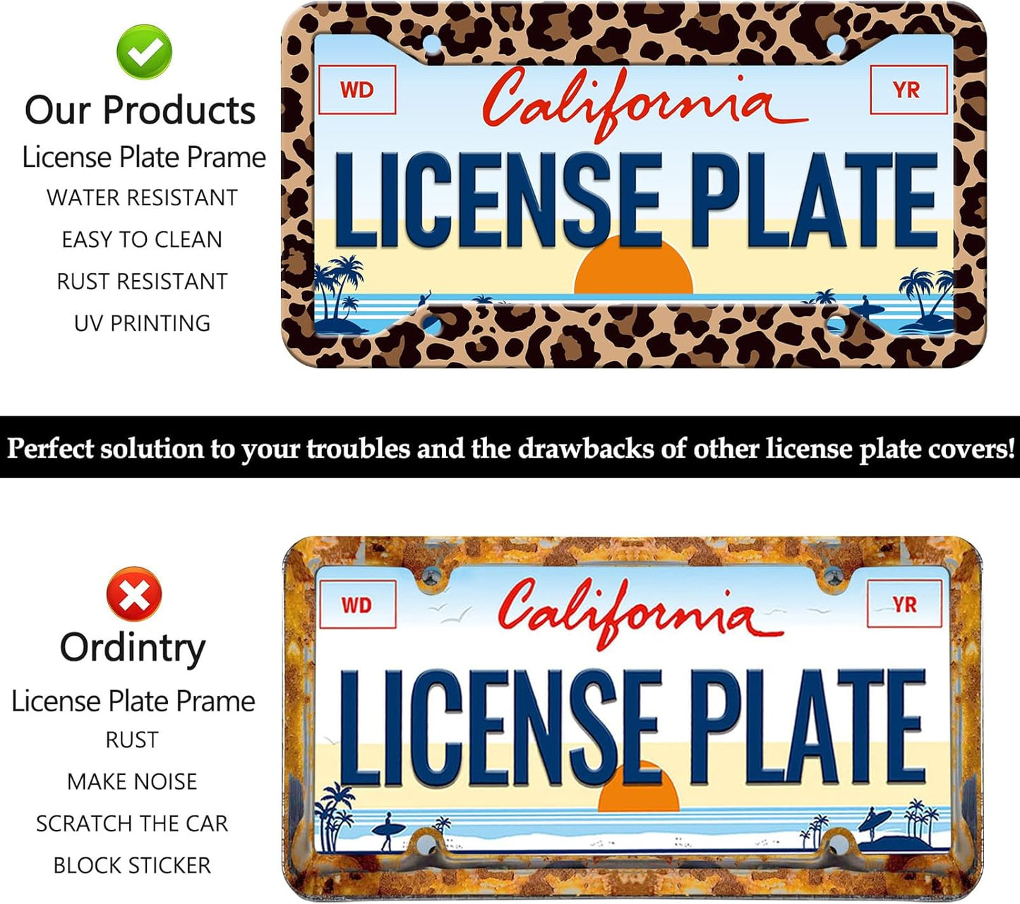 Leopard Print License Plate Frames - 2 Pack Front Rear Animal Brown Cheetah Print License Plates Holder Covers, Aluminum Metal Rust-Proof Waterproof Car Tag Frame with Screws Fasteners Caps