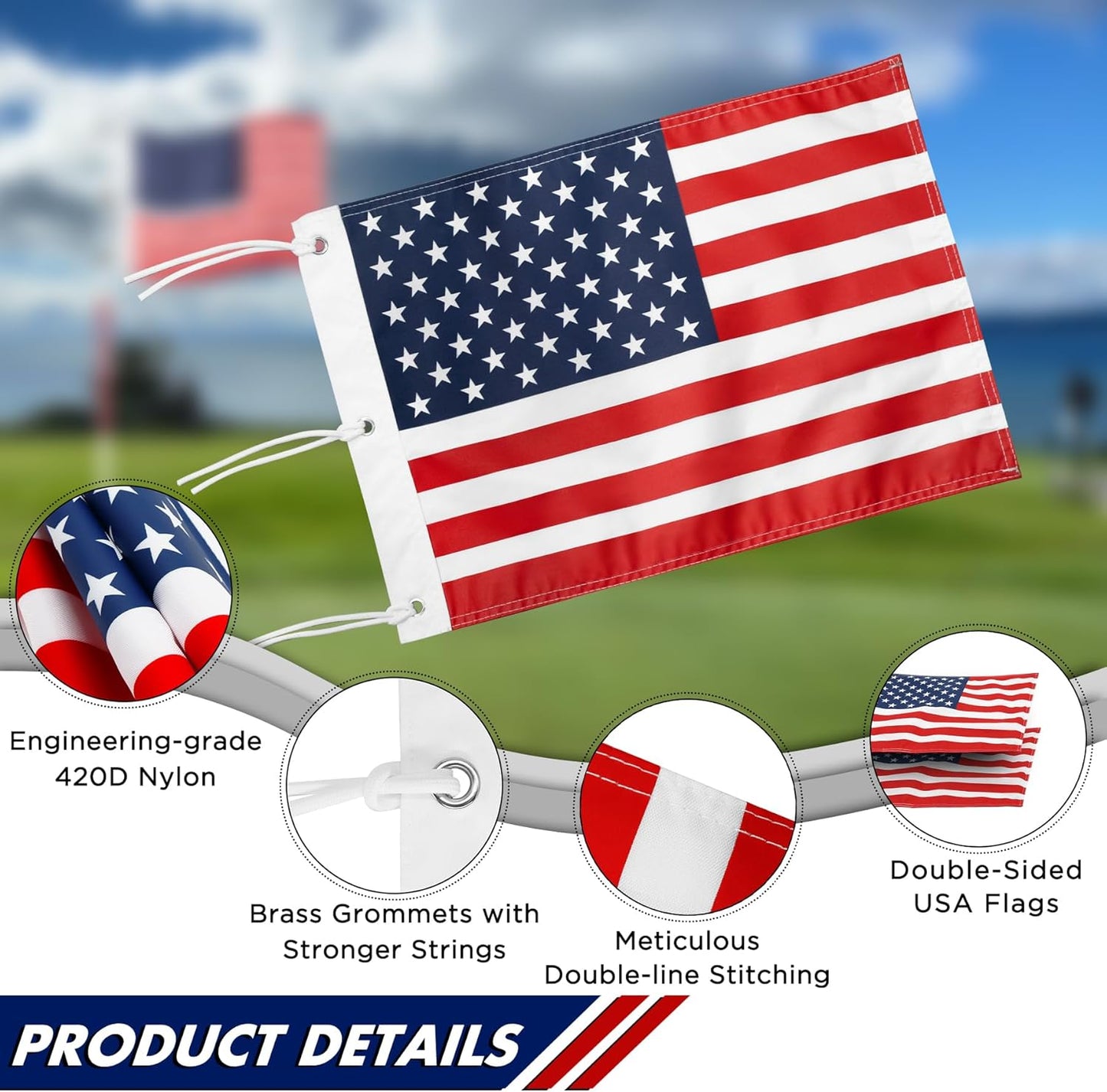 KINGTOP USA Golf Flag 20x14 Inch - Brass Grommets, Dual-layer 420D Nylon, Double Sided Printing - Standard Putting Green Flags for Backyard Practice, Golf Courses, Country Club, 1-Pack