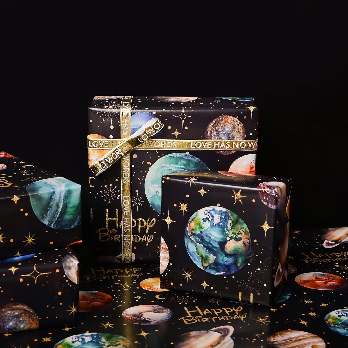 Vnaaem Space Wrapping Paper Roll for Boys Girls Kids - Solar System Planets & Happy Birthday Galaxy Gift Wrap for Kid's Birthday Baby Shower Holiday Craft DIY Party - 17 in x 20 ft(Total 28.5sq.ft)
