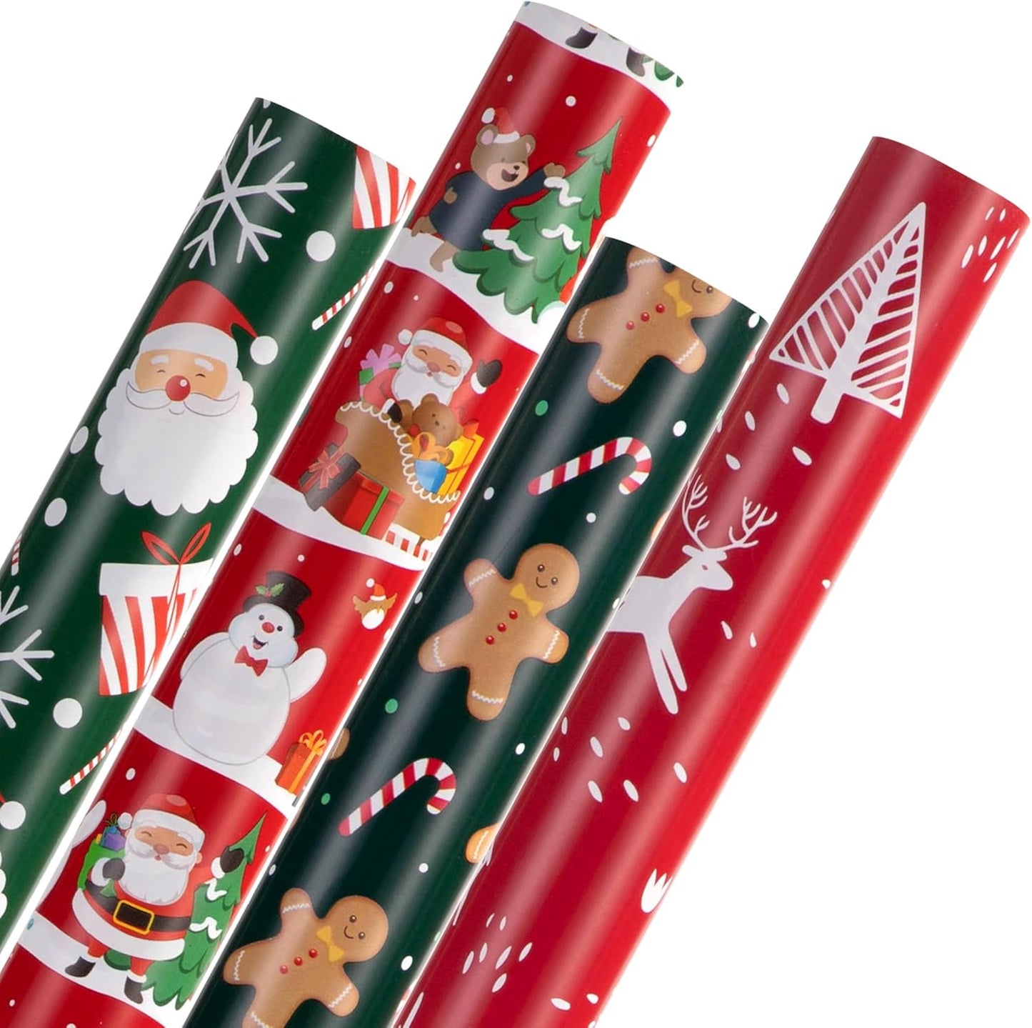 Novnsoi Christmas Wrapping Paper for Gifts (4 Rolls: 148 sq. ft. ttl) Funny Candy Cane Santas, Reindeer, Christmas Tree, Snowflakes - 30 inches x 14.8 feet Per Roll