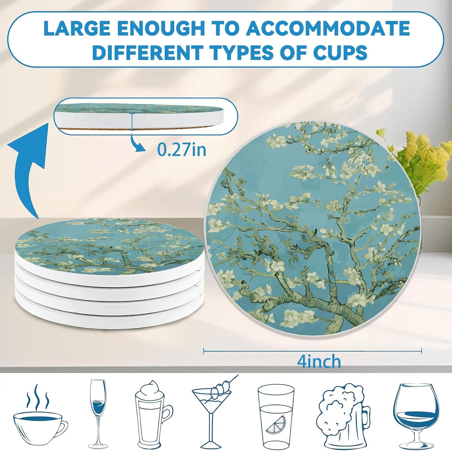 Drinks Coasters Set of 4, Almond Blossoms Round 4" Absorbent Ceramic Stone Coasters with Cork Base, Cute Coaster for Table Home Décor, Ideal Gifts for Women Men