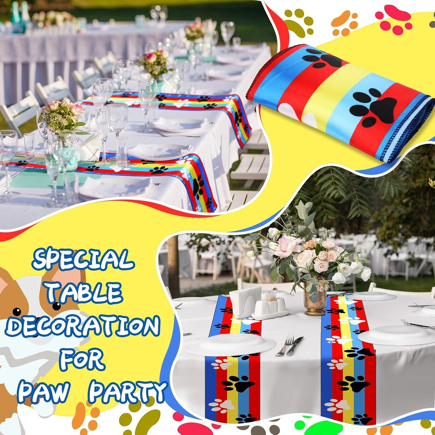 6 Pcs Paw Printed Table Runner 60 x 6 Inch Dog Paw Tablecloth Runner Gold Red Blue Striped Table Decoration for Dog Theme Birthday Party Decorations