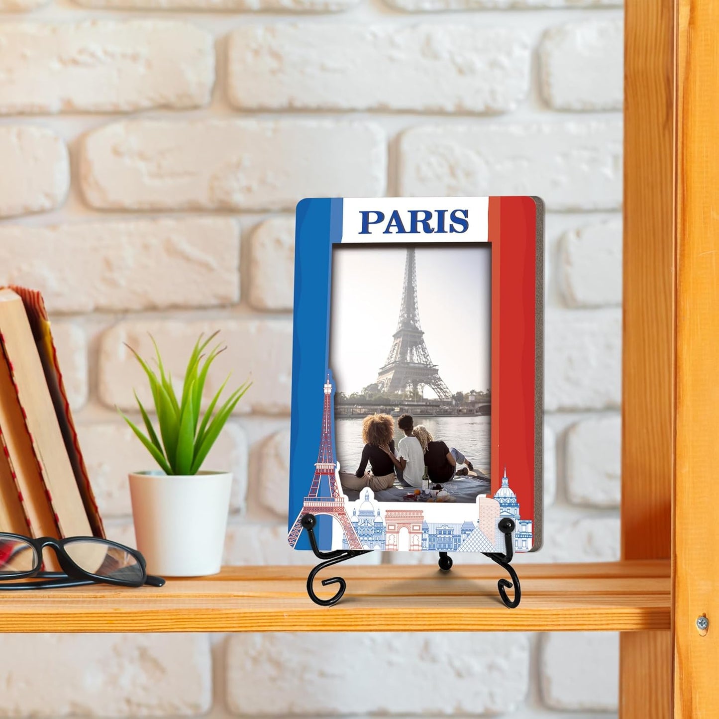 Paris Travel Picture Frame, 5 x 8 Paris Themed Wooden Photo Frame with Stand, Vacation Anniversary Honeymoon Gifts For Friend Family Couples, Home Office Desk Decorations-A19