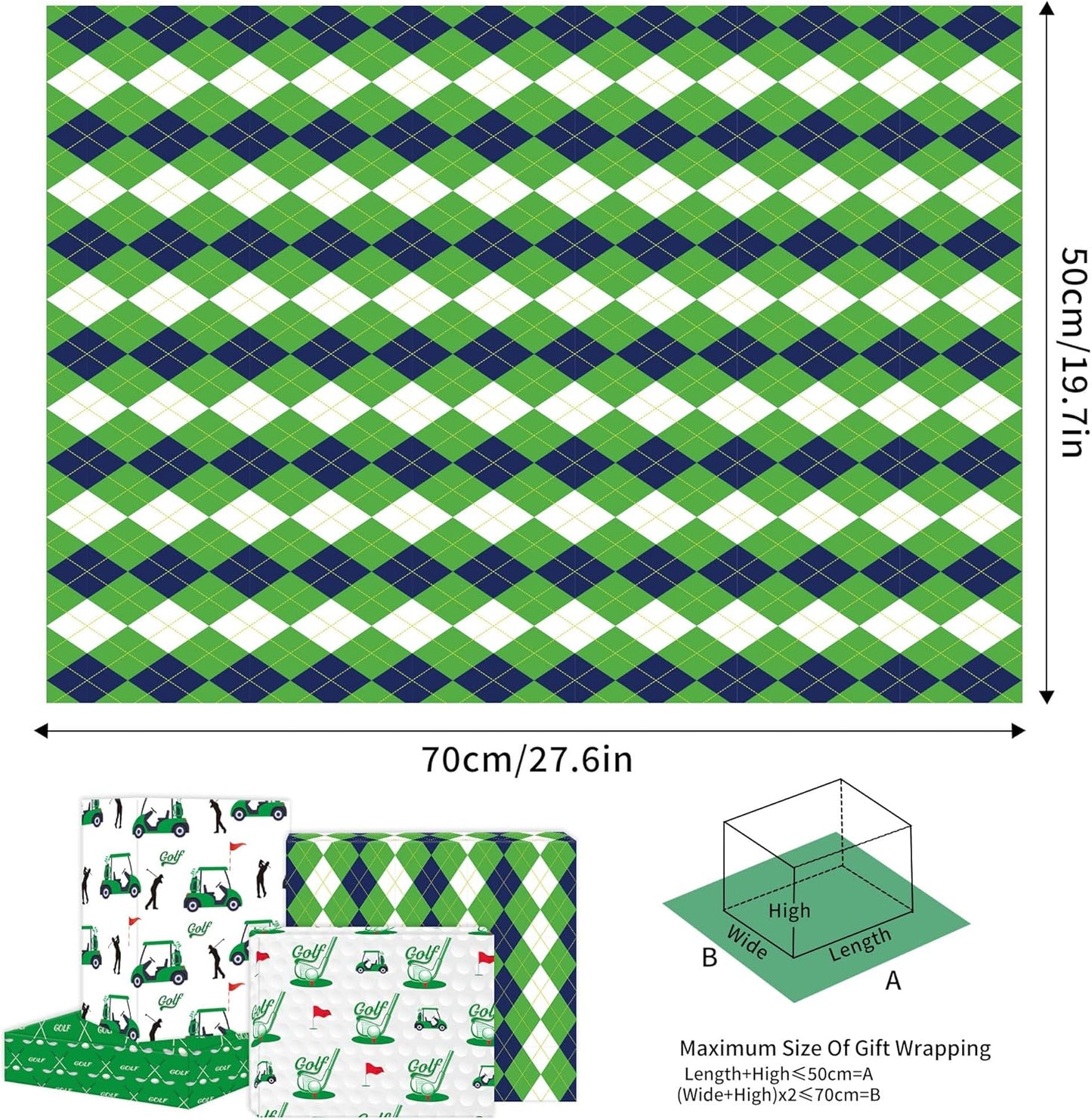 EoBeCy Golf Wrapping Paper for Men Boys, 12 Sheets Folded Gift Wrap with Golf Carts, Flags, Clubs, Green and Blue Argyle Designs, Sports Wrapping Paper for Father’s Day Birthday Retirement, 20"×28"