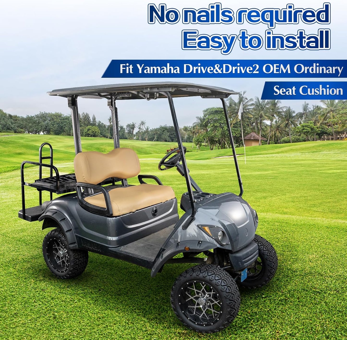 NOKINS Golf Cart Seat Covers Leather Front Seat Cover Fit Yamaha Drive&Drive 2,Smooth and Simple Style,No Stapler,Golf Cart Vinyl Waterproof Replacement Seat Cover,Tan