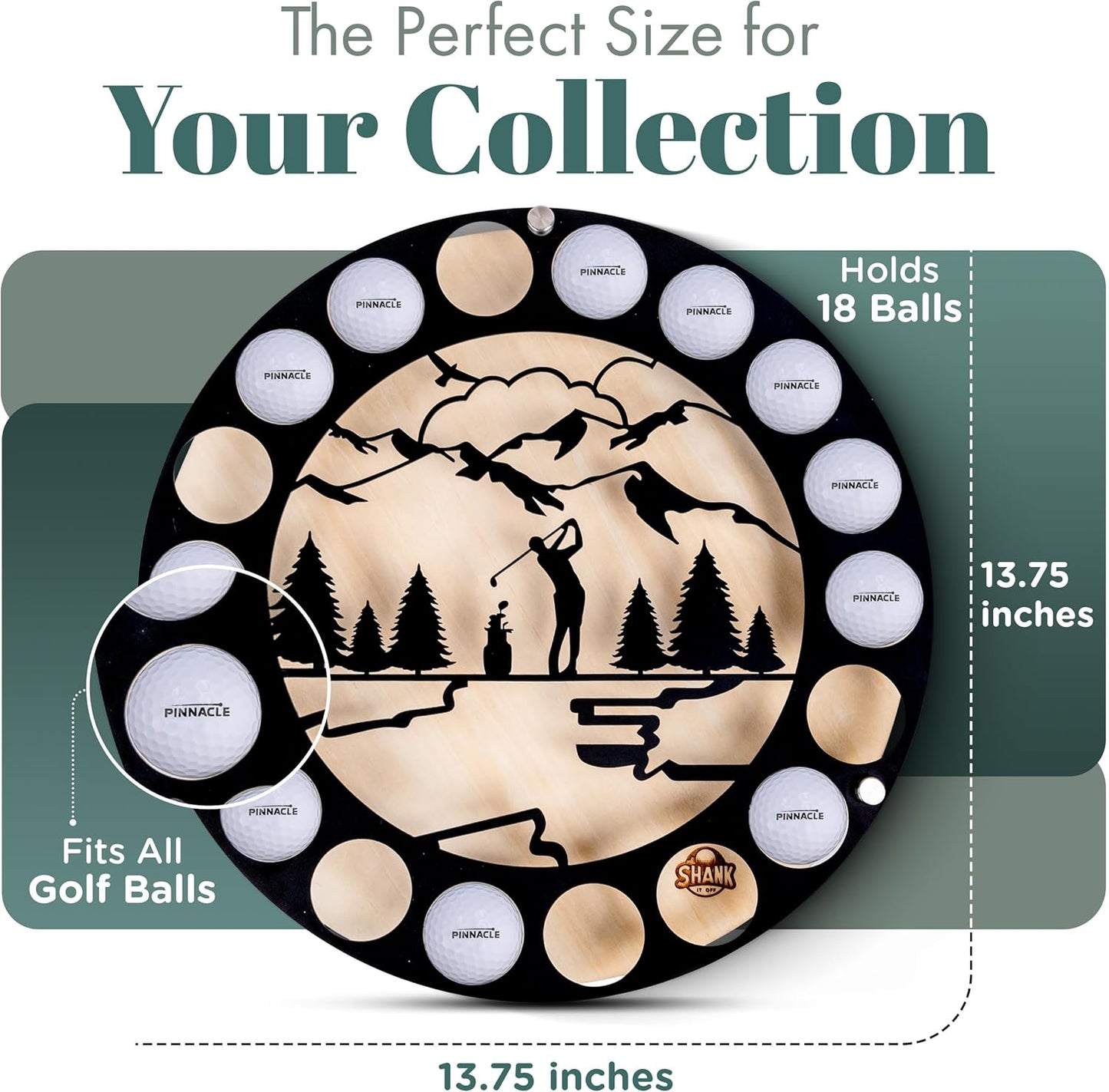 Circular Golf Ball Display Case for 18 Balls – Wall Mount Golf Ball Holder Display with Metal & Wood Design, Customized Wooden Backing, Easy Drill-Free Mounting – Gift for Golf Enthusiasts