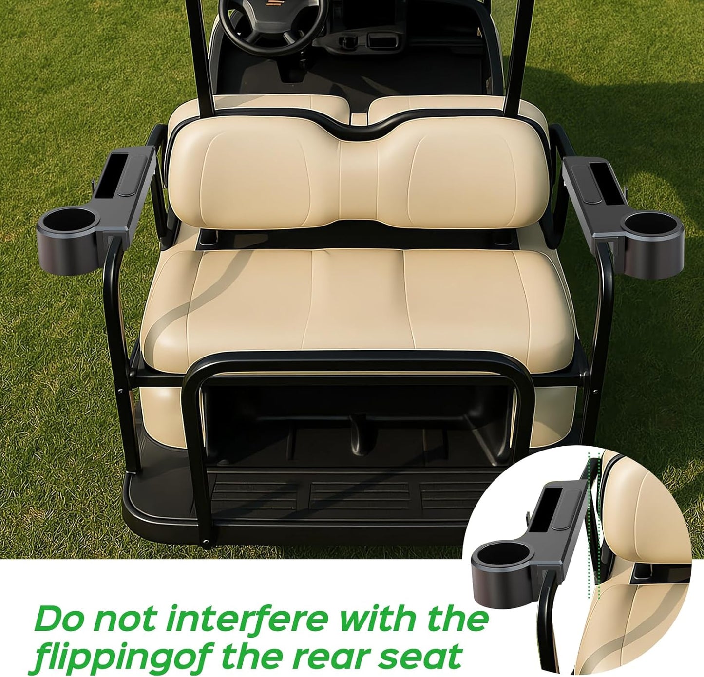 Golf Cart Armrest with Cup Holder - Universal Fit for EZGO/Club Car/Yamaha Rear Seat, Fits 1”/1.25” Square Tube Frames, Durable ABS Construction, Phone Holder, No Drilling