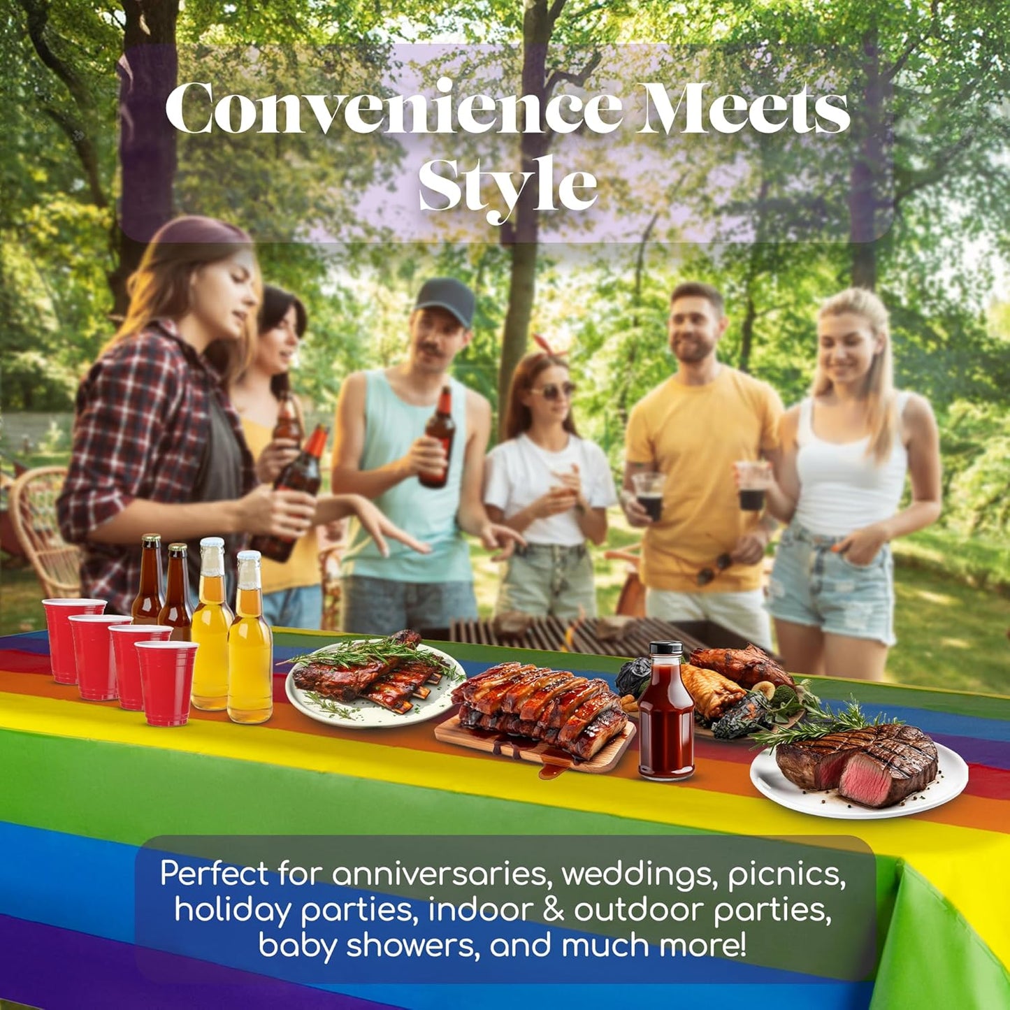 Grandipity Carnival Pride Rainbow Banner Theme 12 Pack Premium Disposable Plastic Tablecloth 54 Inch. x 108 Inch. Decorative Rectangle Table Cover