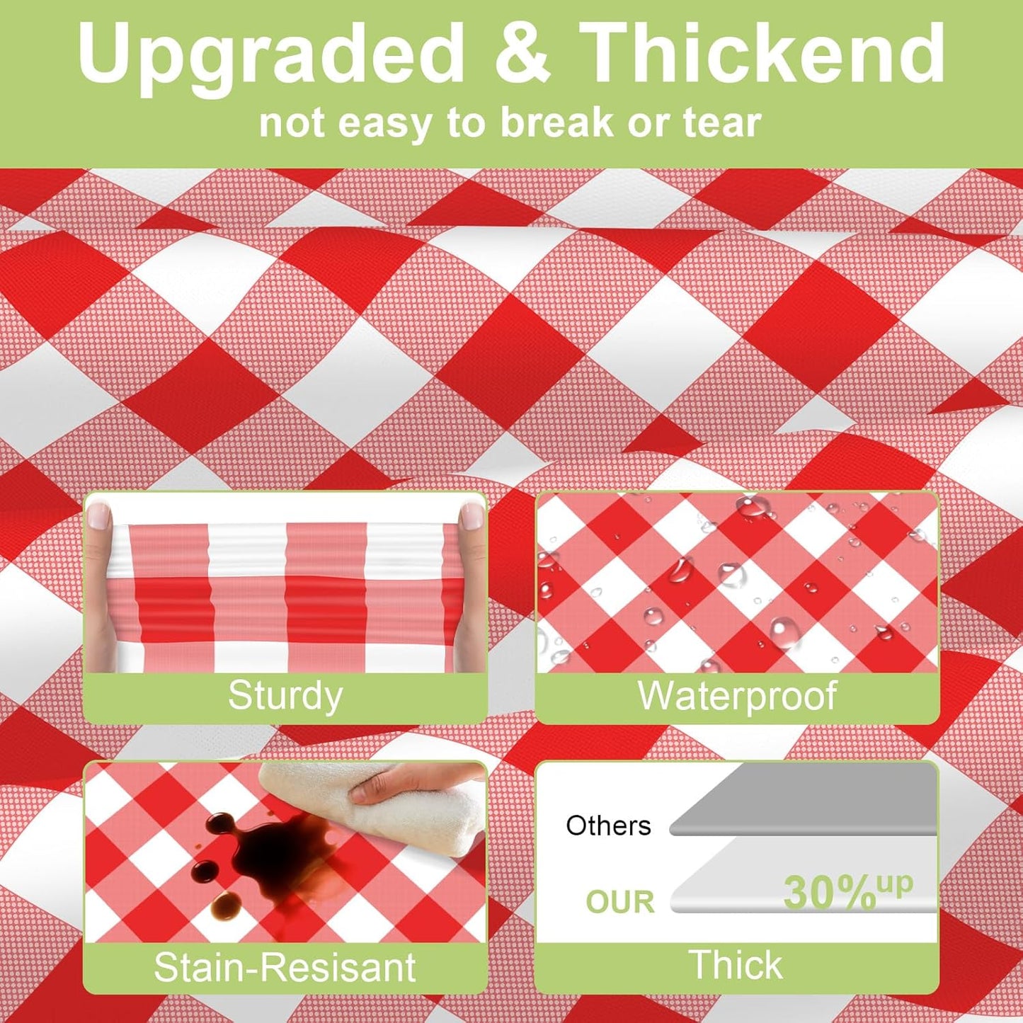 QIKSION Red Gingham Tablecloth Disposable 6 Pack, 54 x 108 Inch Red and White Checkered Table Cloth for Rectangle Tables, Plastic Table Cover