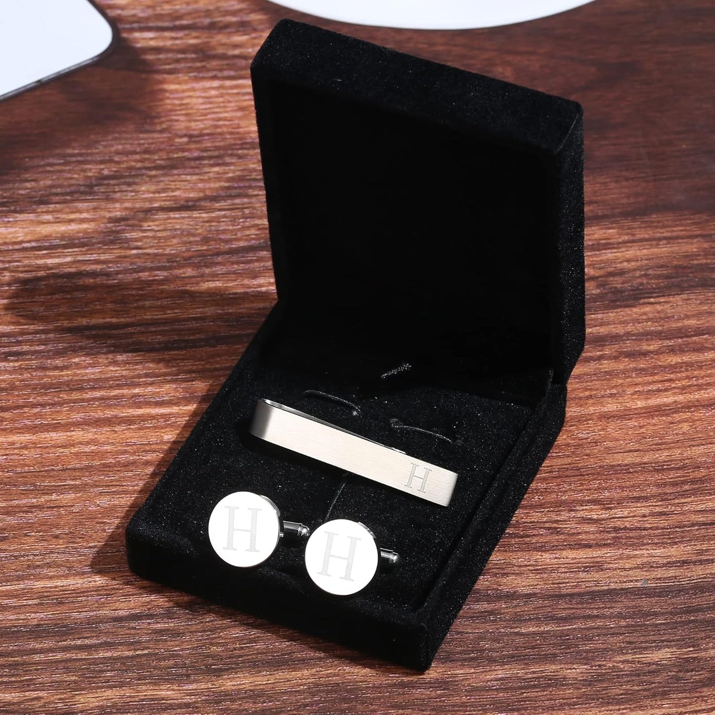 LOYALLOOK Stainless Steel Engraved Initial Cufflinks and Tie Clip Bar Set Alphabet Letter With Gift Box A-Z