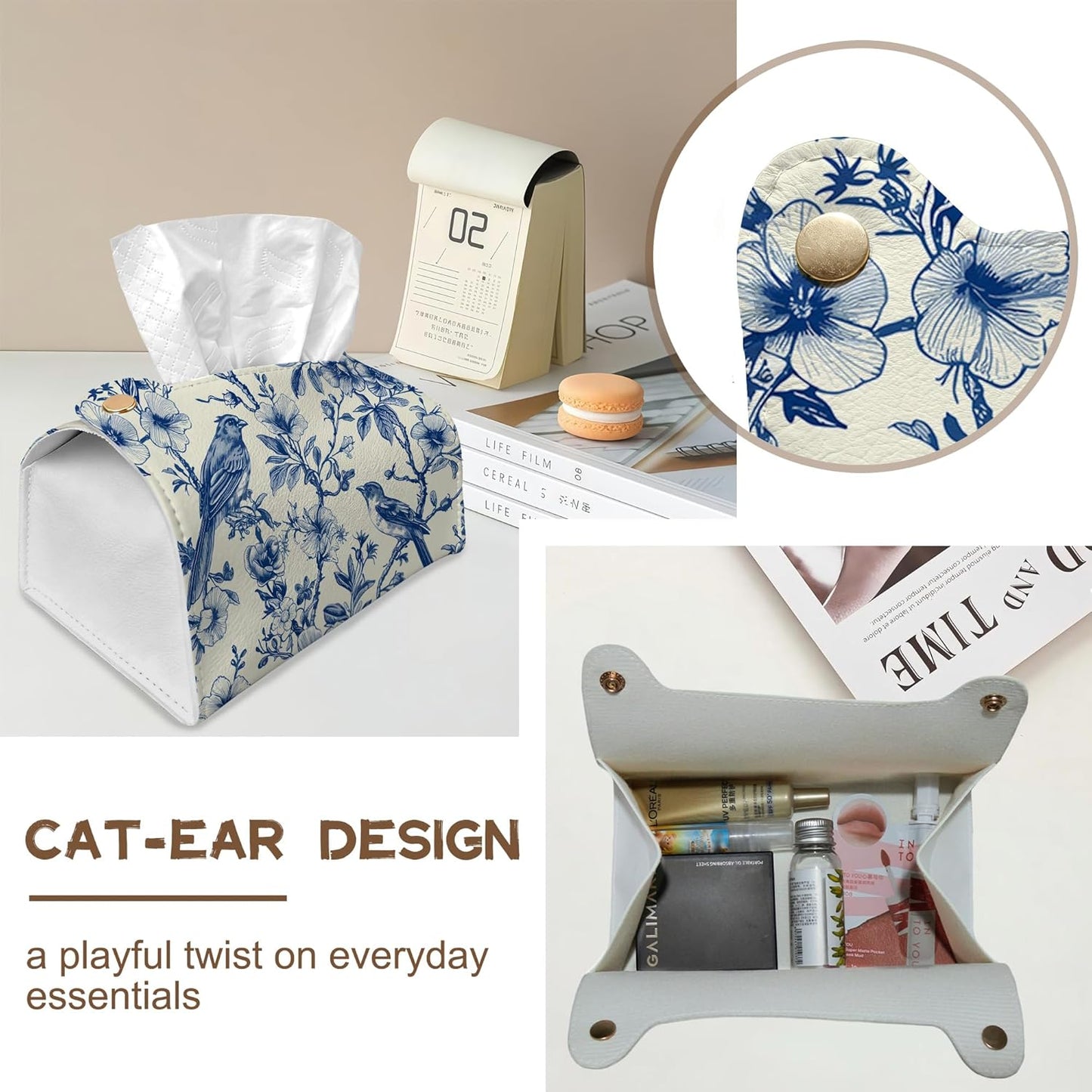 Bird on Blooming Branches Tissue Box Cover Holder – Blue Flower Rectangular Tissue Organizer, Decorative Napkin Box Case for Home, Office & Car