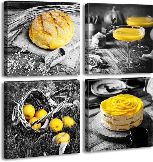 DJSYLIFE Kitchen Wall Decor Black and White Yellow Wall Art Bread Cake Fruit Picture Canvas Print Paintings for Cafe Dining Room Restaurant Farmhouse Kitchen Decoration 12" Wx12 Hx4