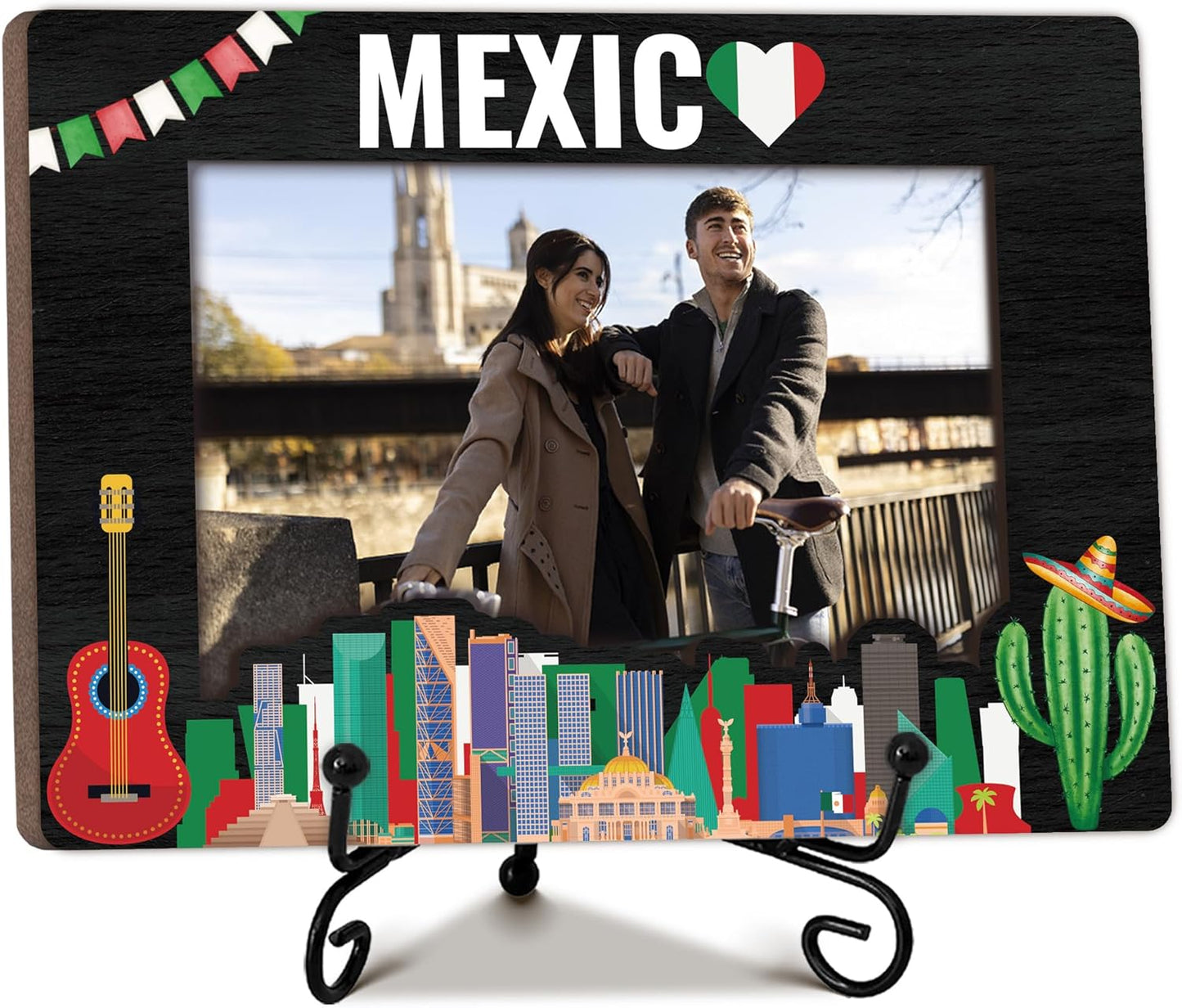Mexic Travel Picture Frame, 5 x 8 Mexic Themed Wooden Photo Frame with Stand, Vacation Anniversary Honeymoon Gifts For Friend Family Couples, Home Office Desk Decorations-A10