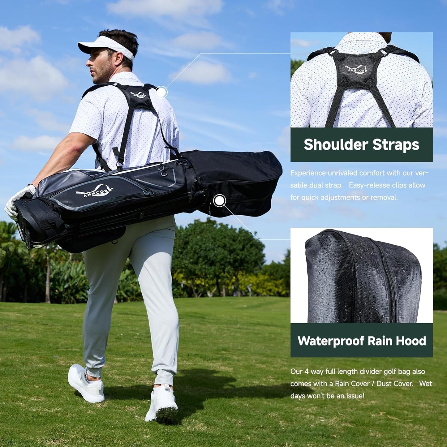 Golf Stand Bag with 4 Way Full Length Dividers, 4.4 Lbs Lightweight Golf Bag for Men Women, Waterproof Golf Carry Bags w/Stand, 7 Pockets & Cooler Pouch, Dual Straps, Rain Hood