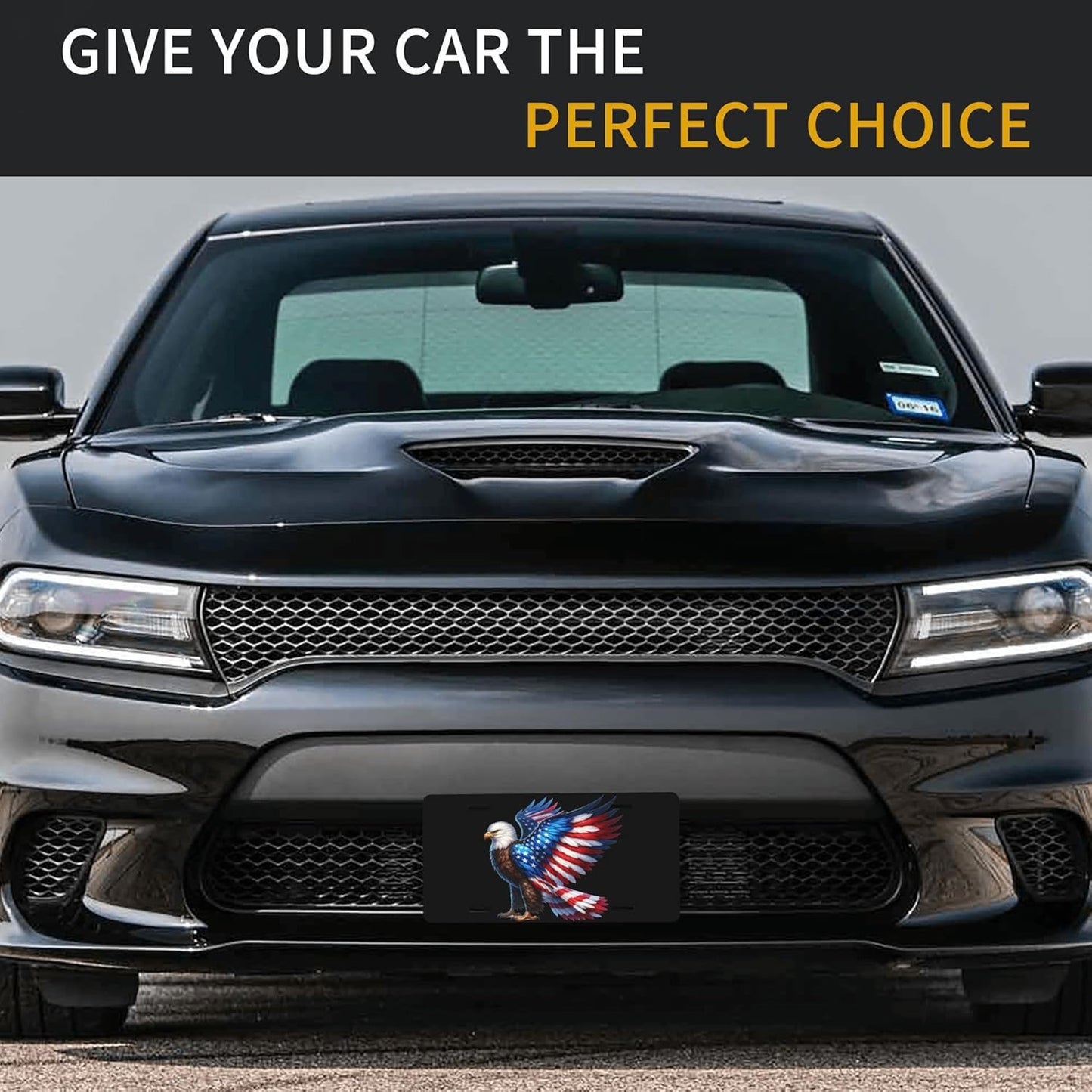 Front License Plate for Car Designs American Flag Eagle Black Stainless License Plate Cover Holder for Men Women Metal Aluminum Decorative Accessory Vanity Tag Standard 6 X 12 inch (4 Holes)