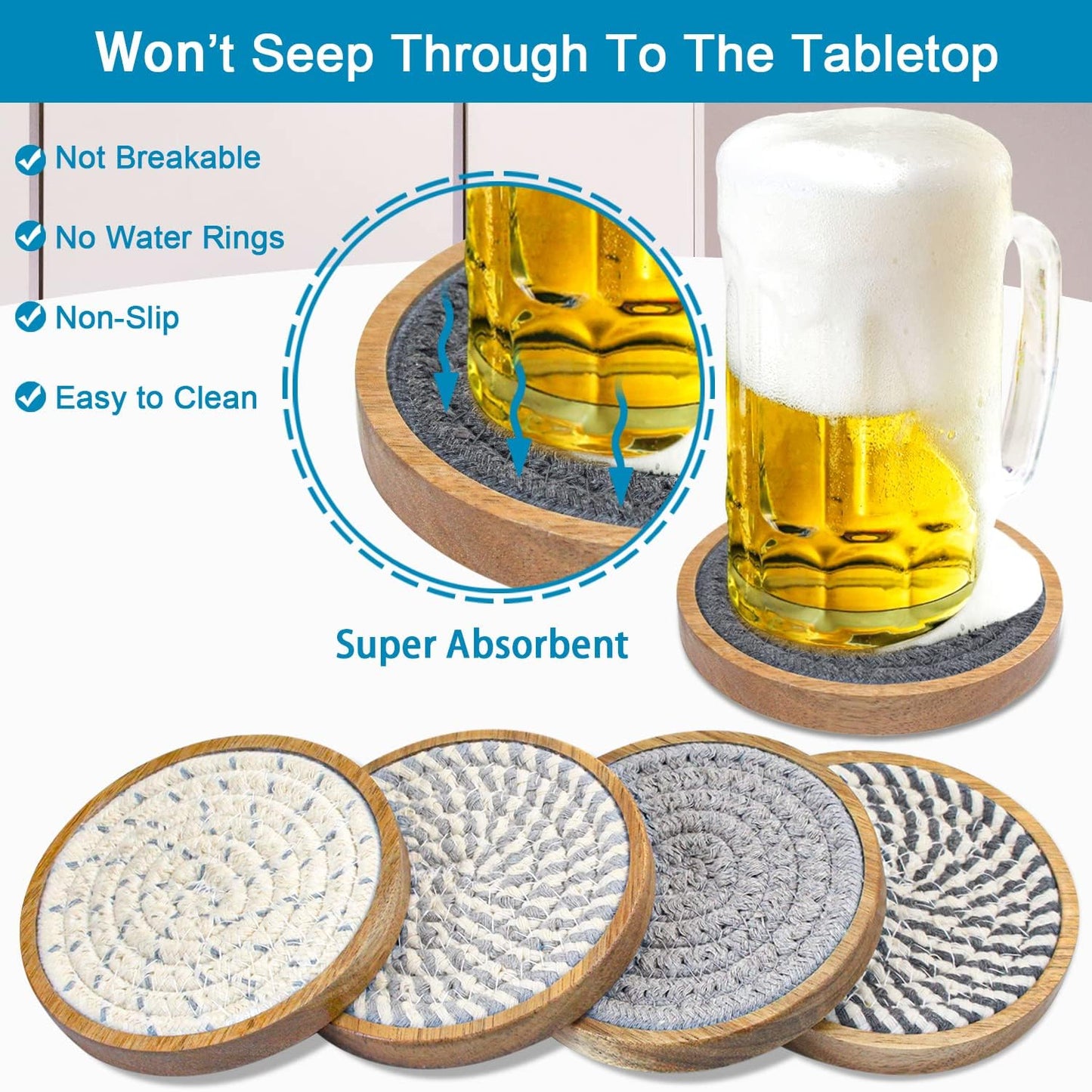 5 Pack Coasters for Drinks Absorbent, 4.3 inches Cork Coasters for Coffee Tables, Wooden Drink Coasters for Table Protection, Cute Coasters for Kitchen, Farmhouse, Bar, and Office (Gray Series)
