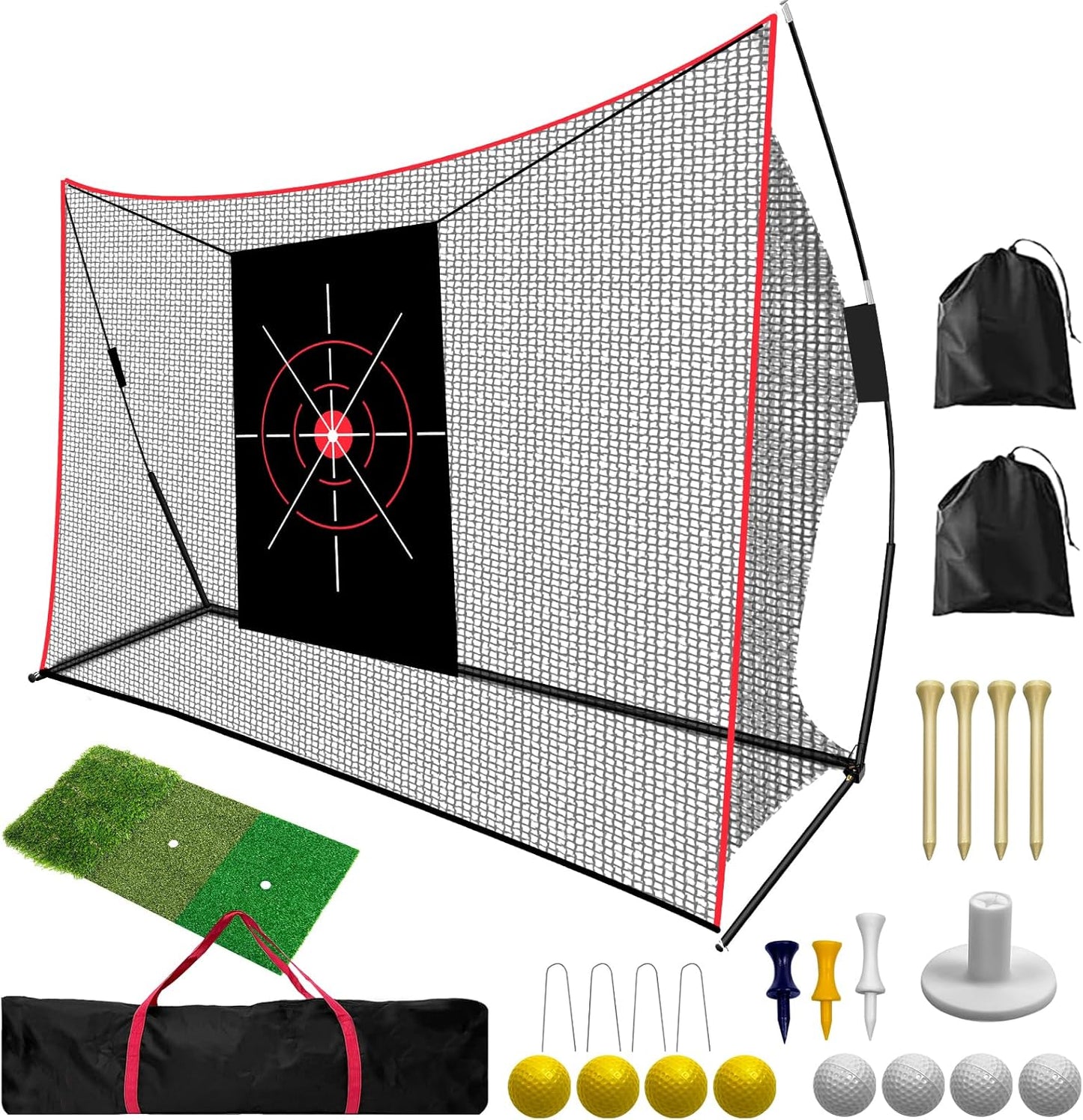 10 ×7 FT Golf Practice Net, Heavy Duty Golf Hitting & Training Net with Target Mat, 8 Balls & Tees, Driving Chipping Net for Backyard, Indoor Outdoor Use, Includes Carry Bag