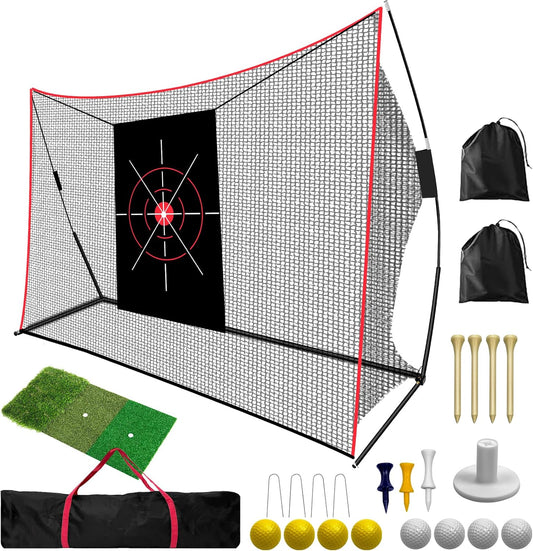 10 ×7 FT Golf Practice Net, Heavy Duty Golf Hitting & Training Net with Target Mat, 8 Balls & Tees, Driving Chipping Net for Backyard, Indoor Outdoor Use, Includes Carry Bag