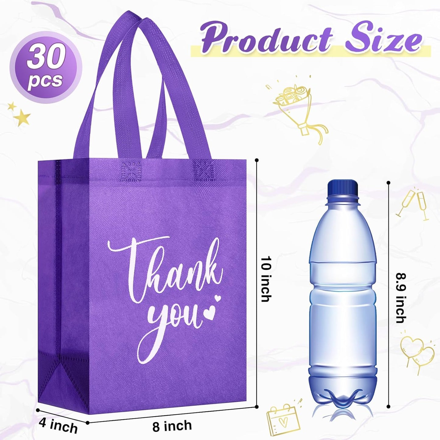 Sweetude 30 Pcs Thank You Gift Bags with Handles Bulk Reusable Goodie Bag Non Woven Foldable Handbag for Graduation Wedding Bridesmaid Gifts(10 x 8 x 4 Inch,Dark Purple)