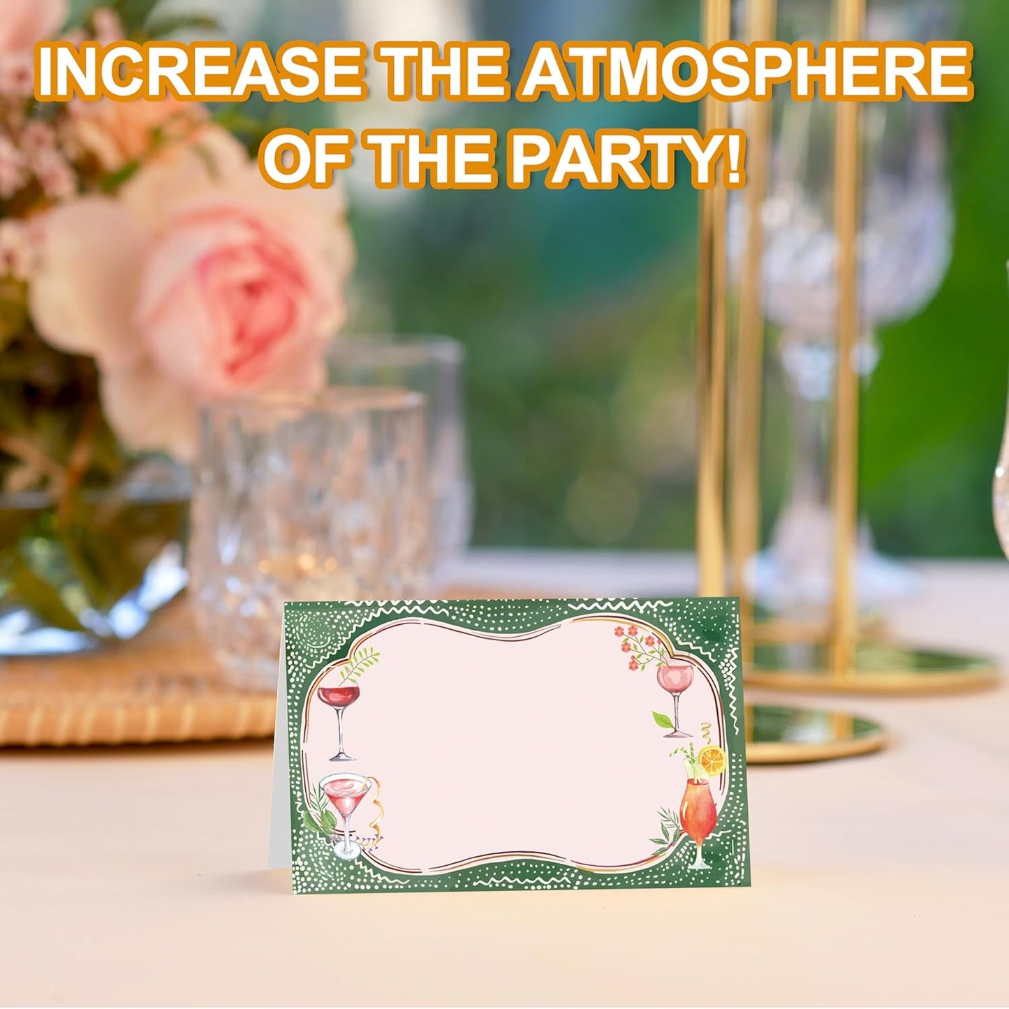 Holiday Cocktail Place Cards, Cocktail Glasses Table Place Cards For Table Setting, Green Name Cards For Birthday Party Baby Shower Girls Party Ladies Event Dinner Wedding, 25 Cards Included -08